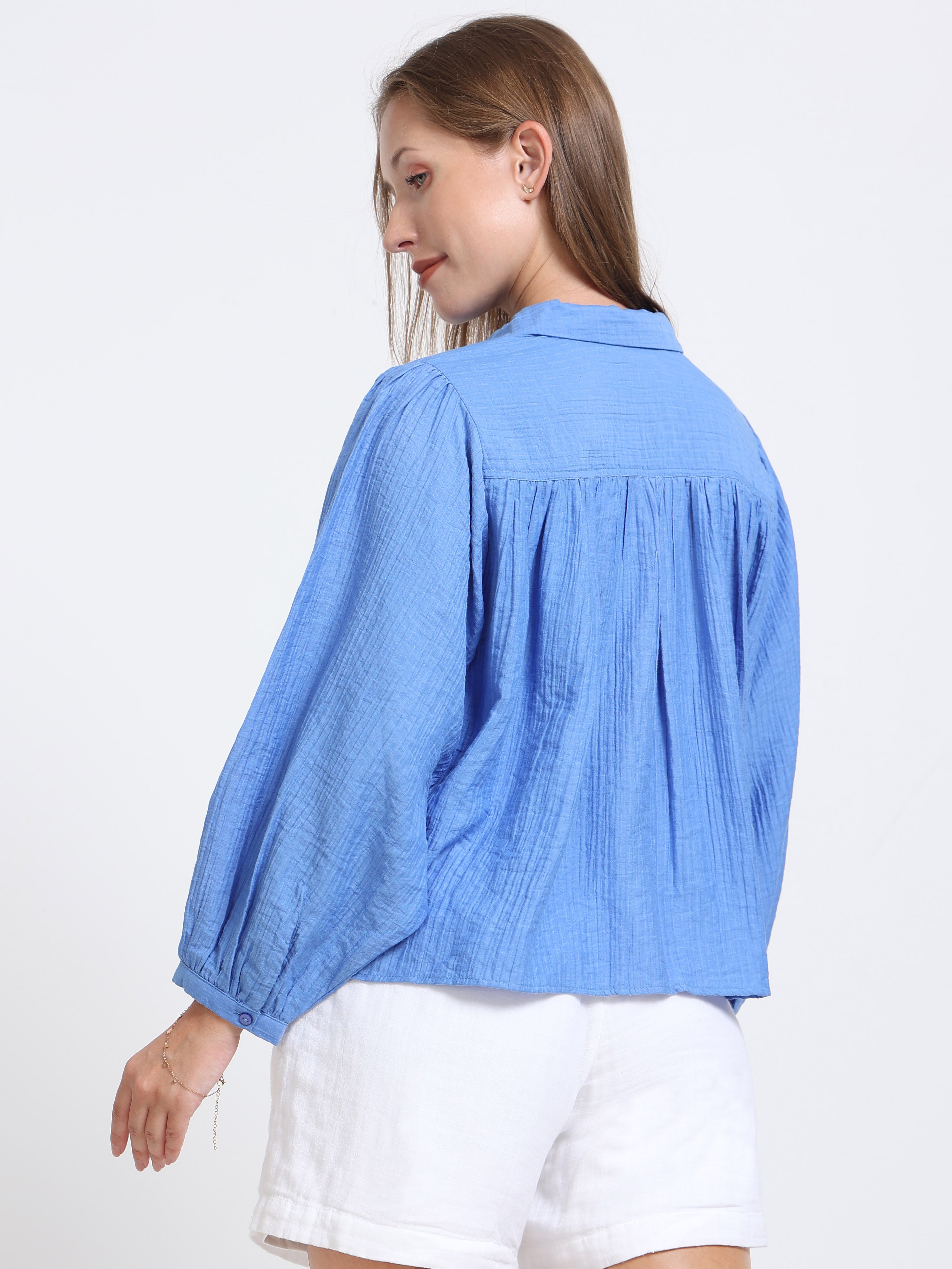 Women Blue Batwing Sleeve Shirt