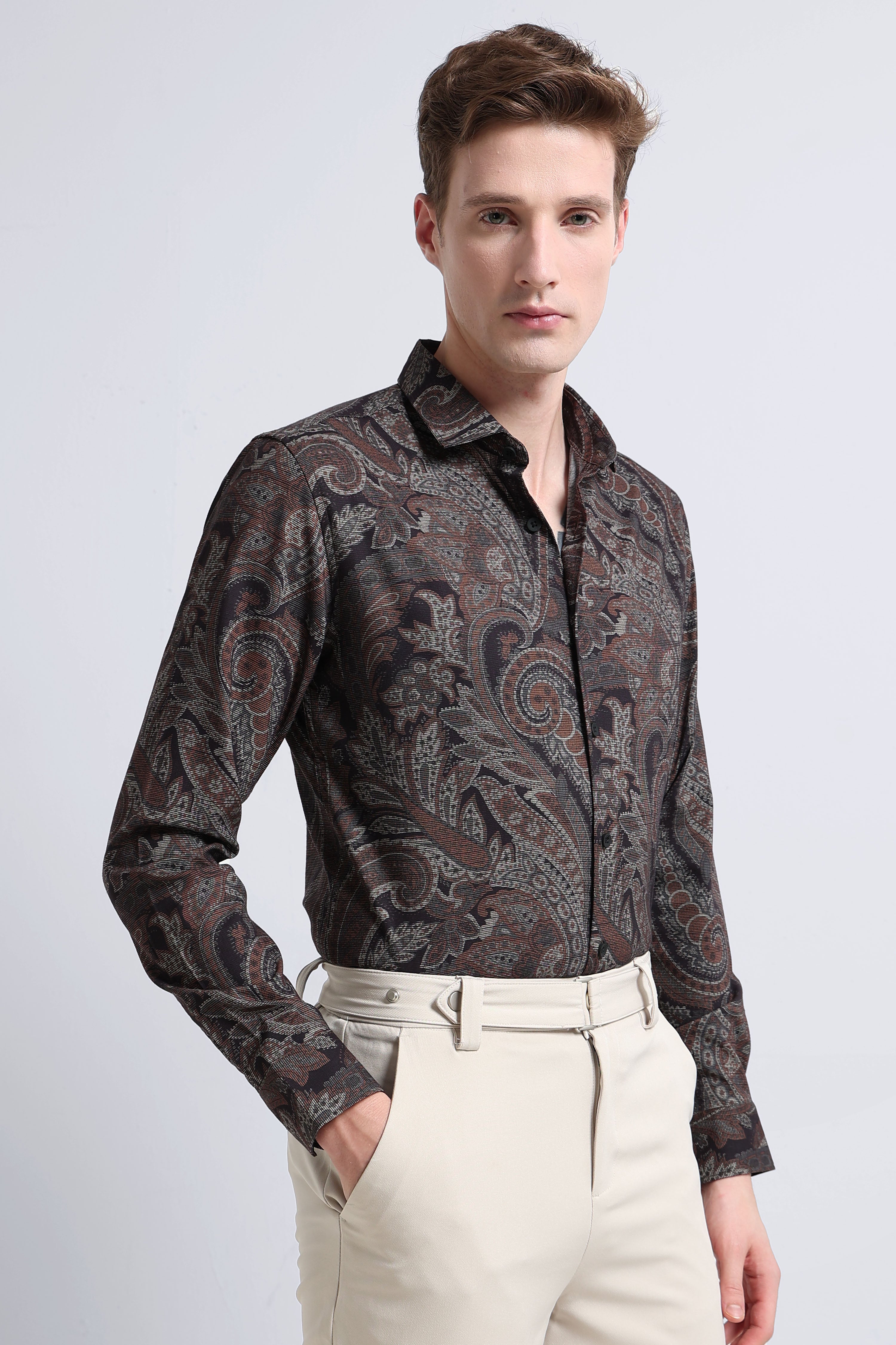 Men Rust Printed Cotton Blend Shirt
