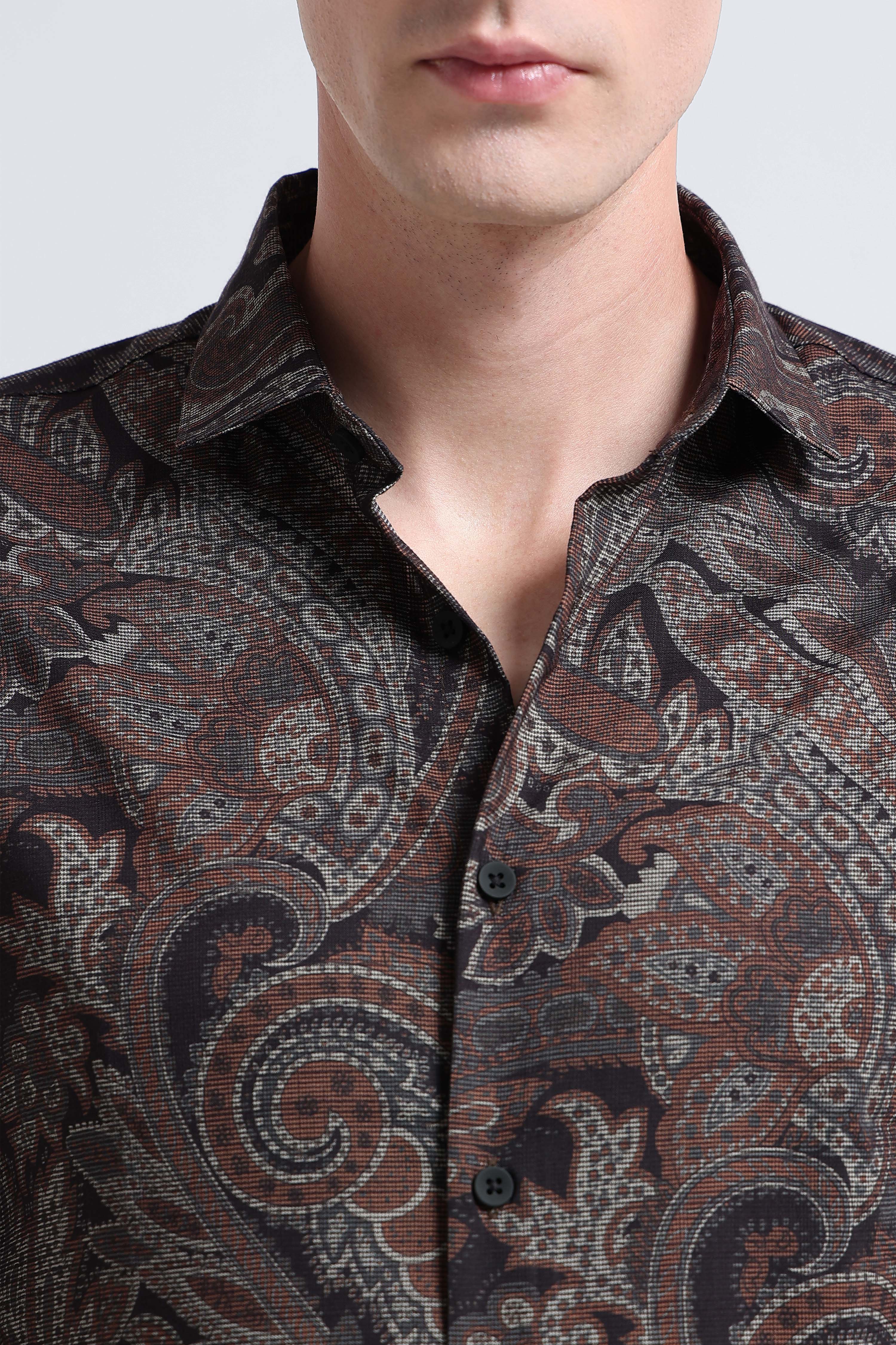 Men Rust Printed Cotton Blend Shirt