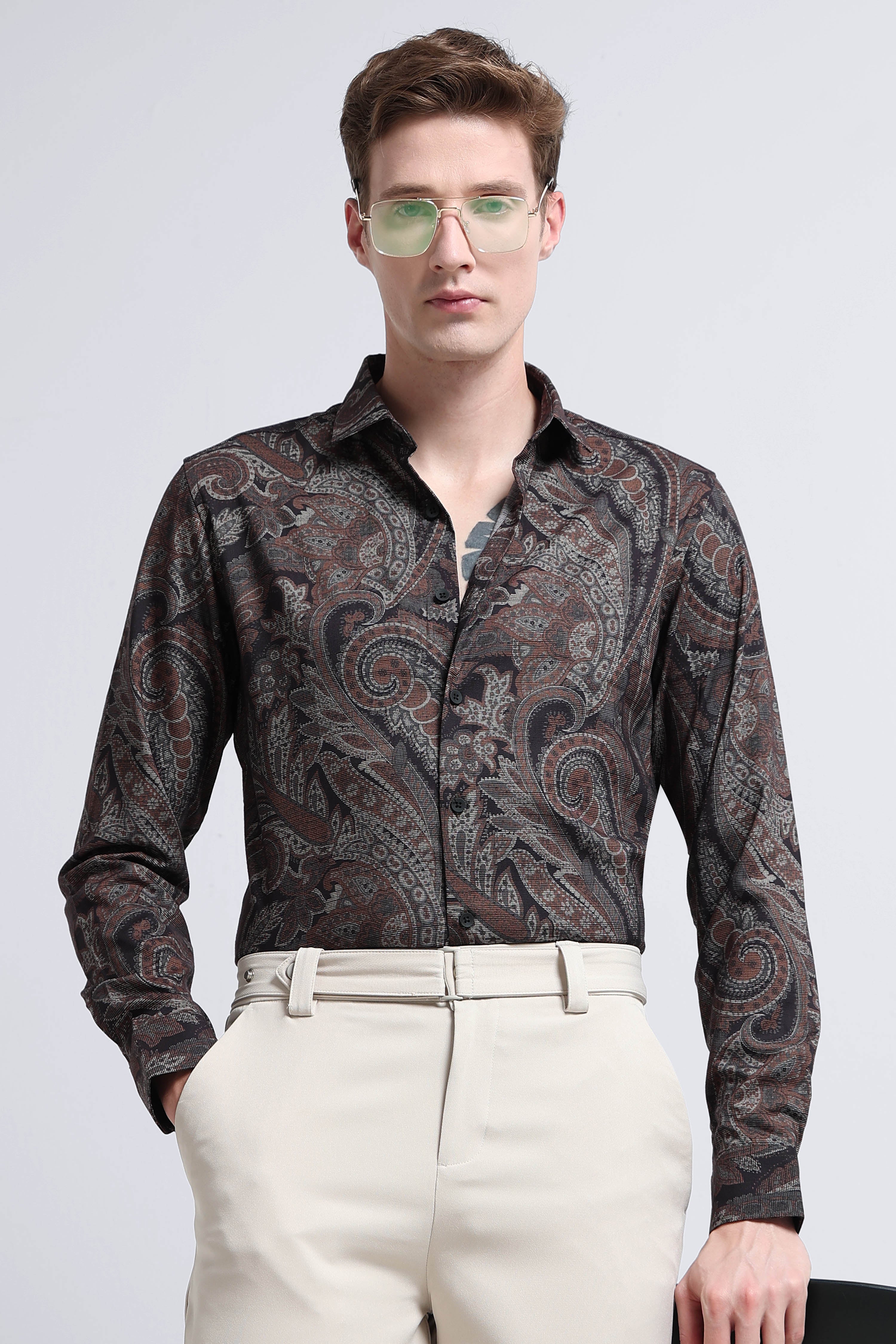 Men Rust Printed Cotton Blend Shirt