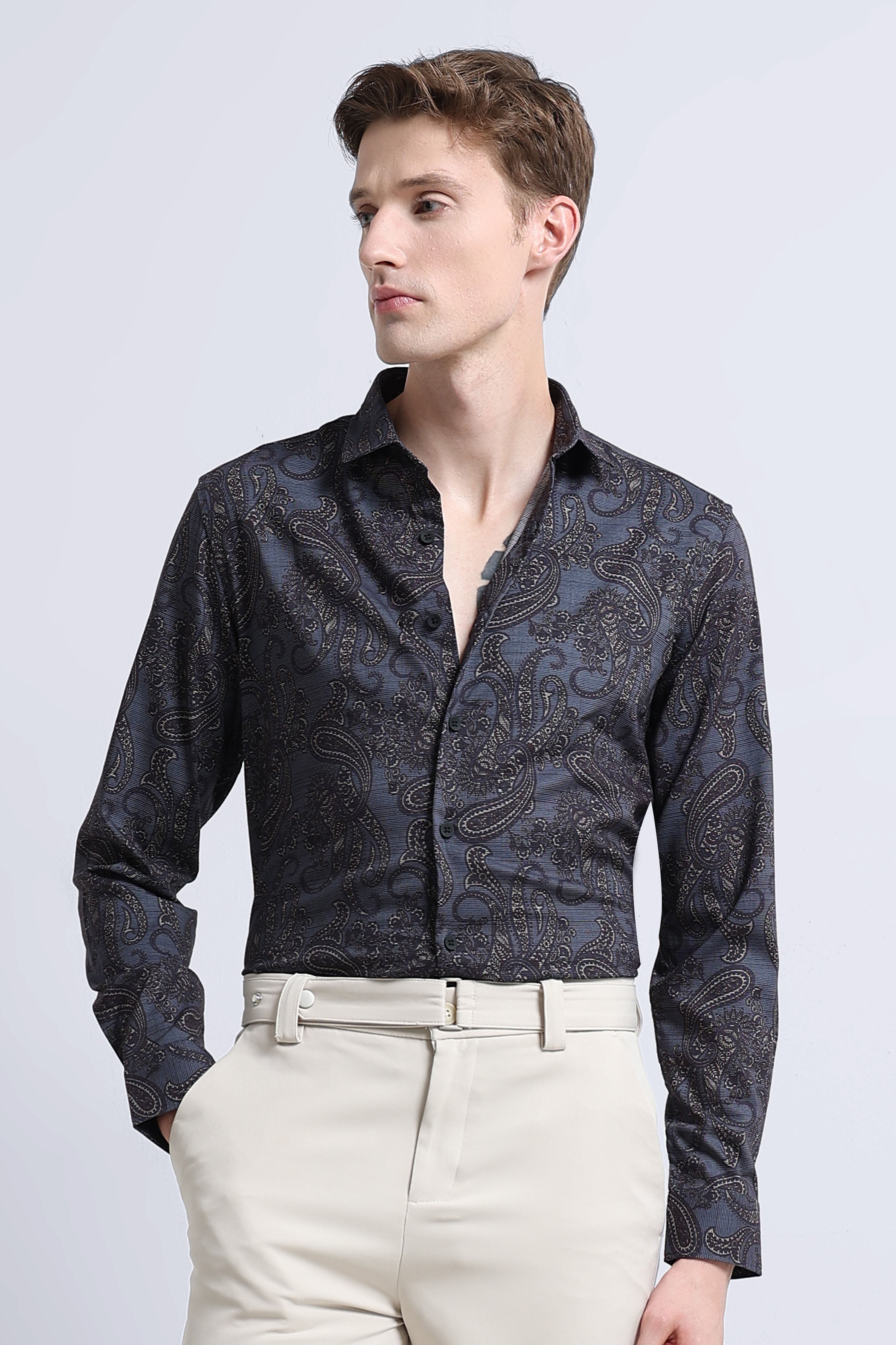 Men Blue Printed Cotton Blend Shirt