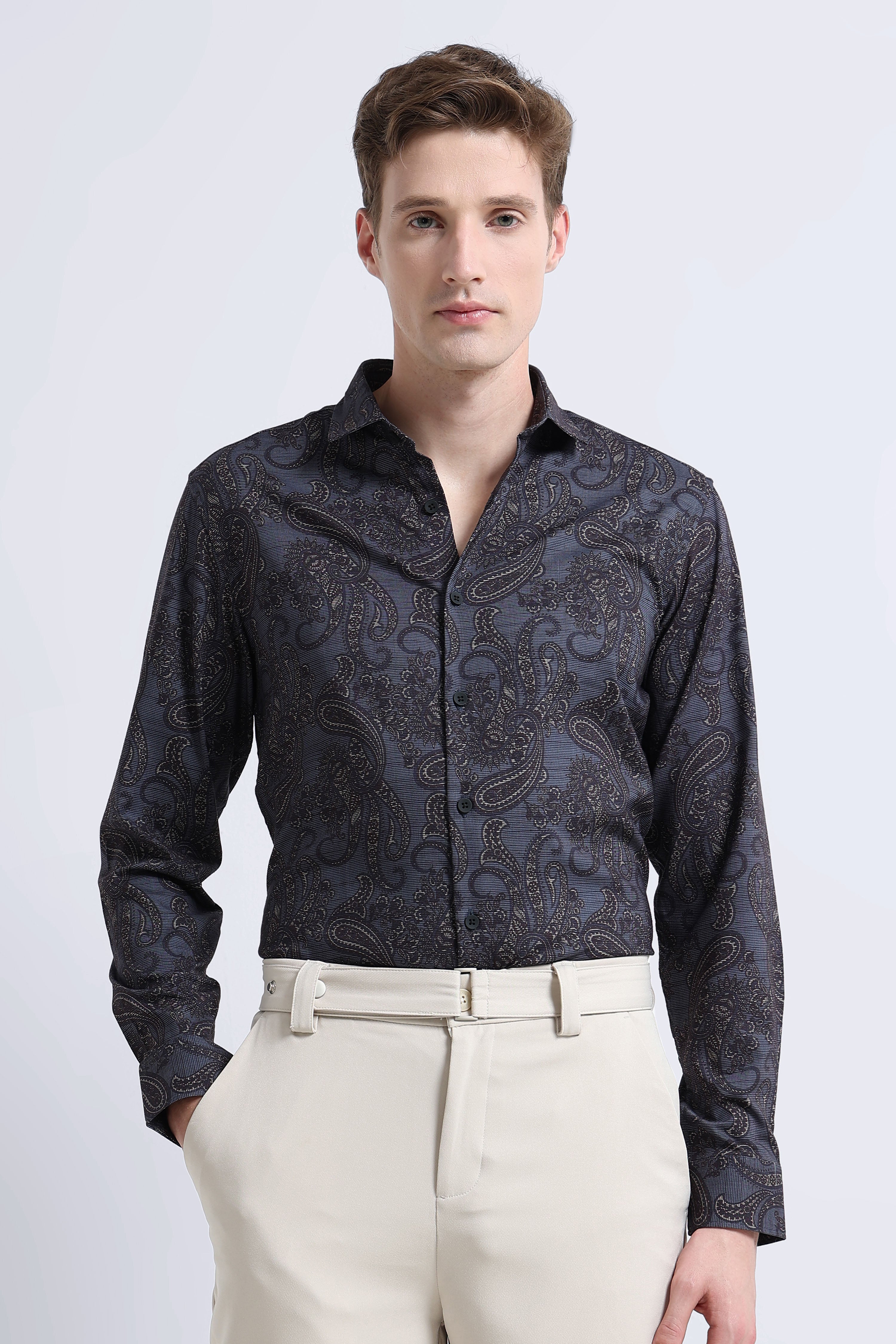 Men Blue Printed Cotton Blend Shirt