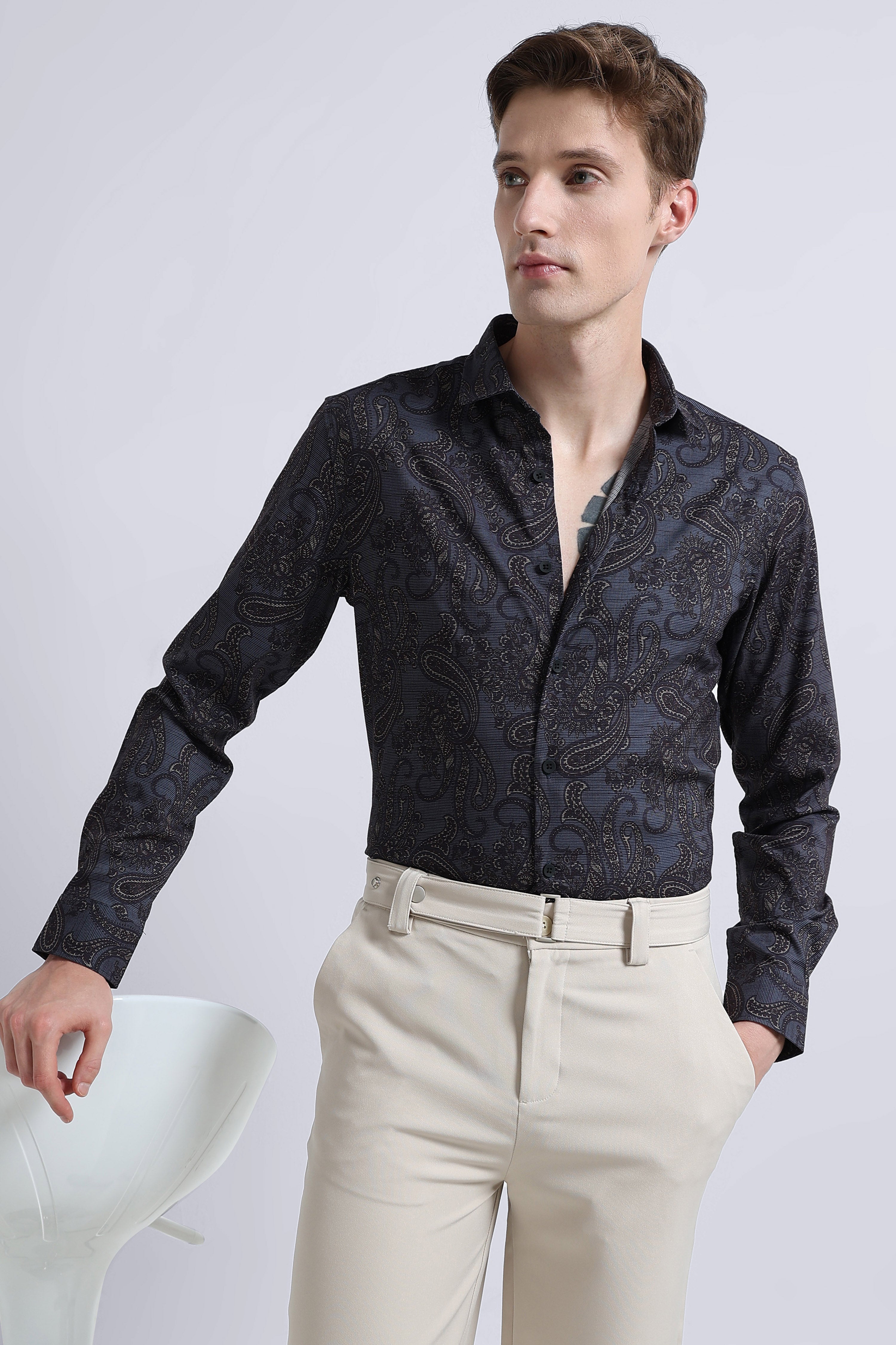 Men Blue Printed Cotton Blend Shirt