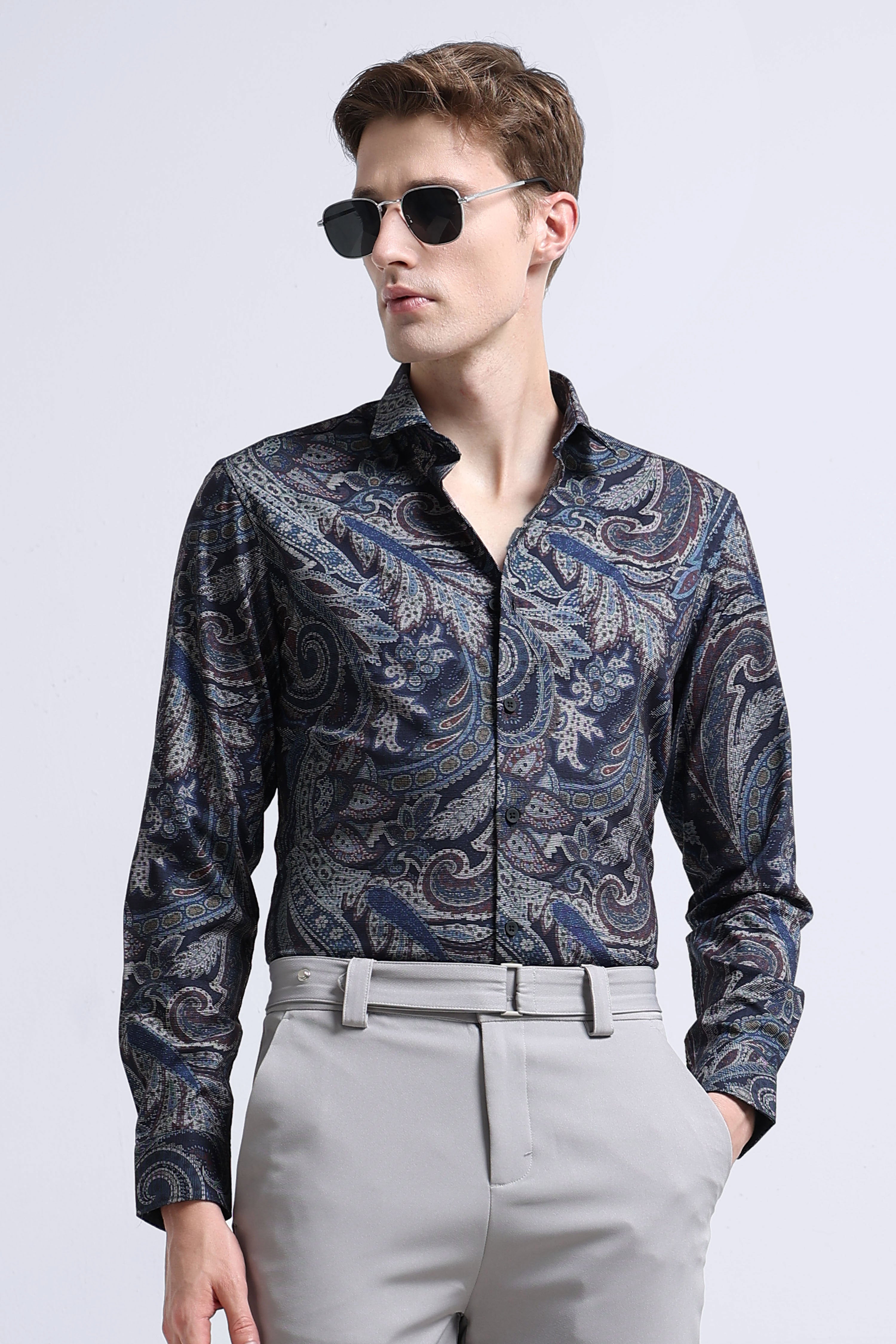Men Navy Printed Cotton Blend Shirt