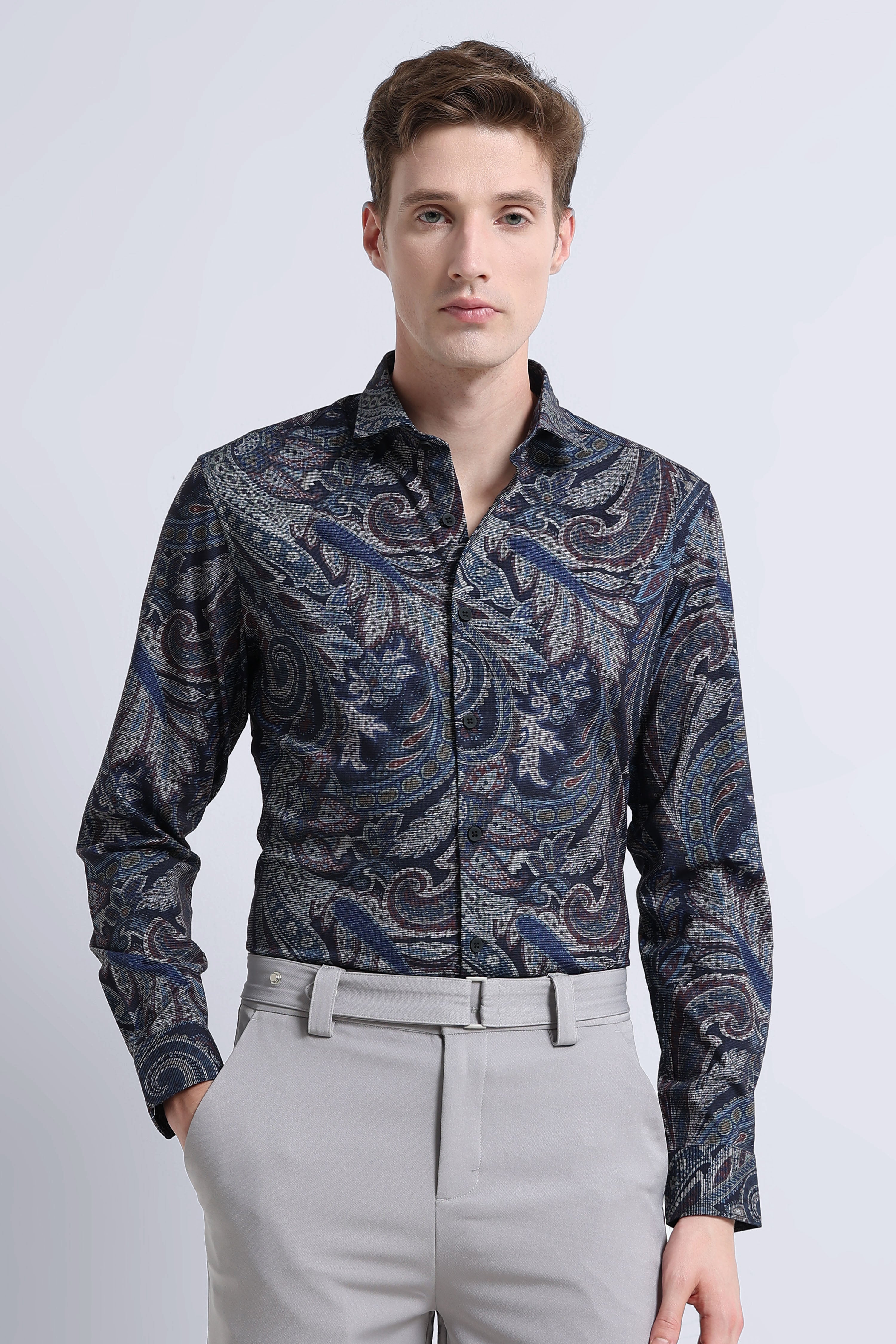 Men Navy Printed Cotton Blend Shirt