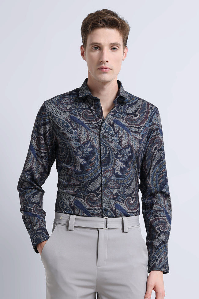 Men Navy Printed Cotton Blend Shirt