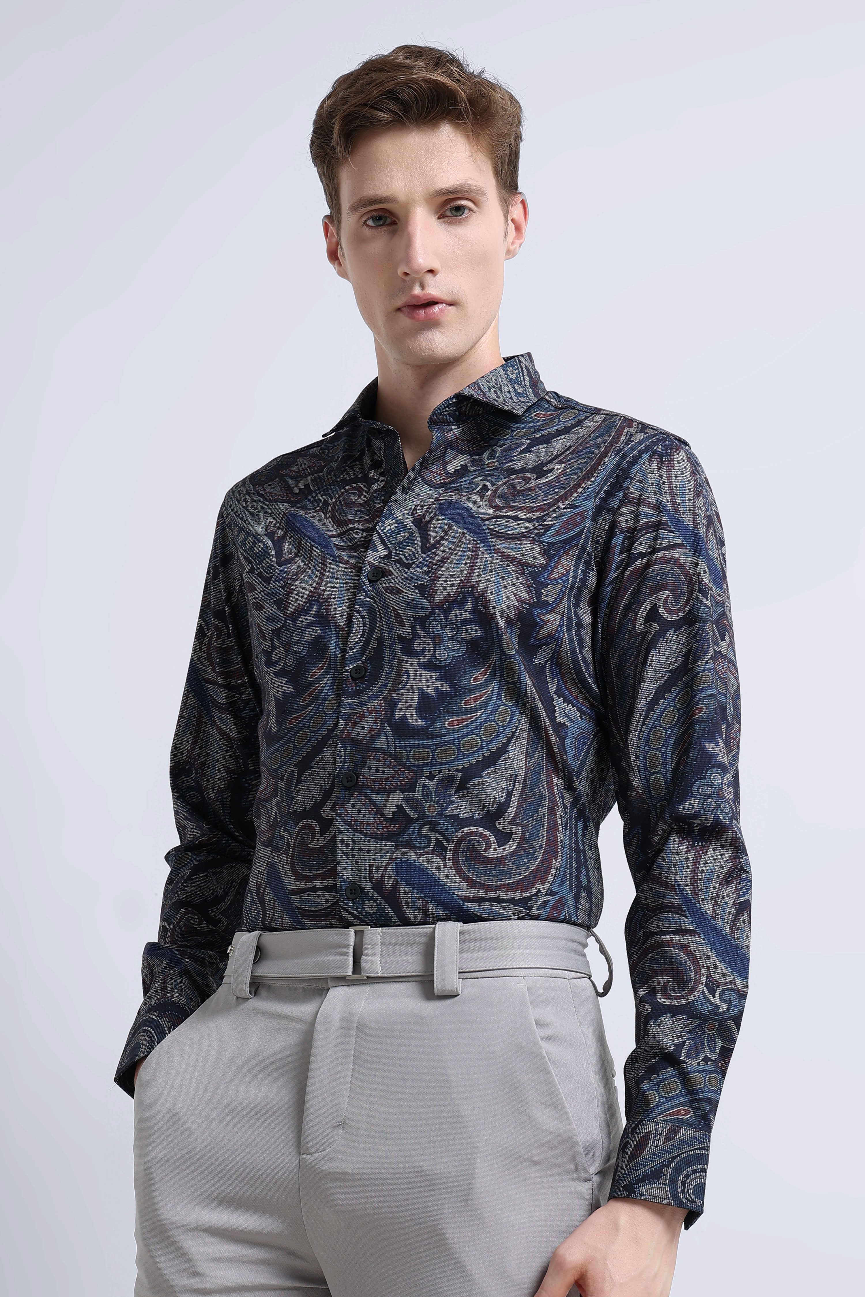 Men Navy Printed Cotton Blend Shirt