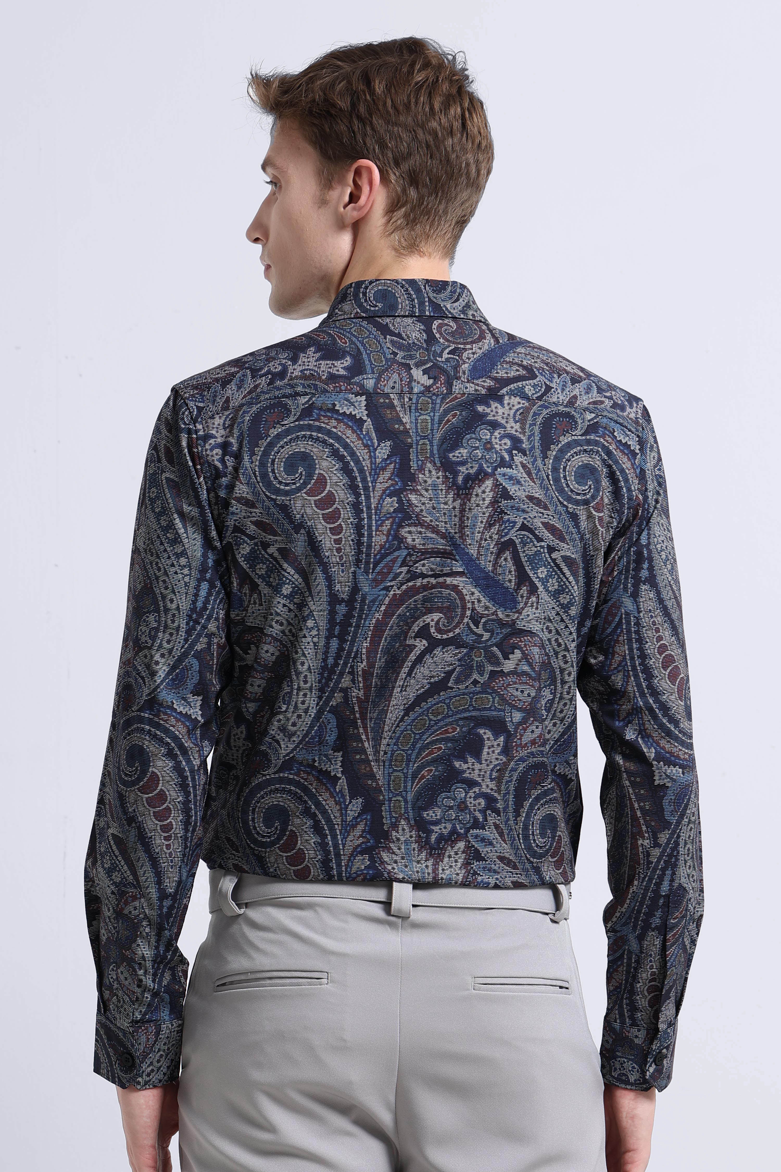 Men Navy Printed Cotton Blend Shirt