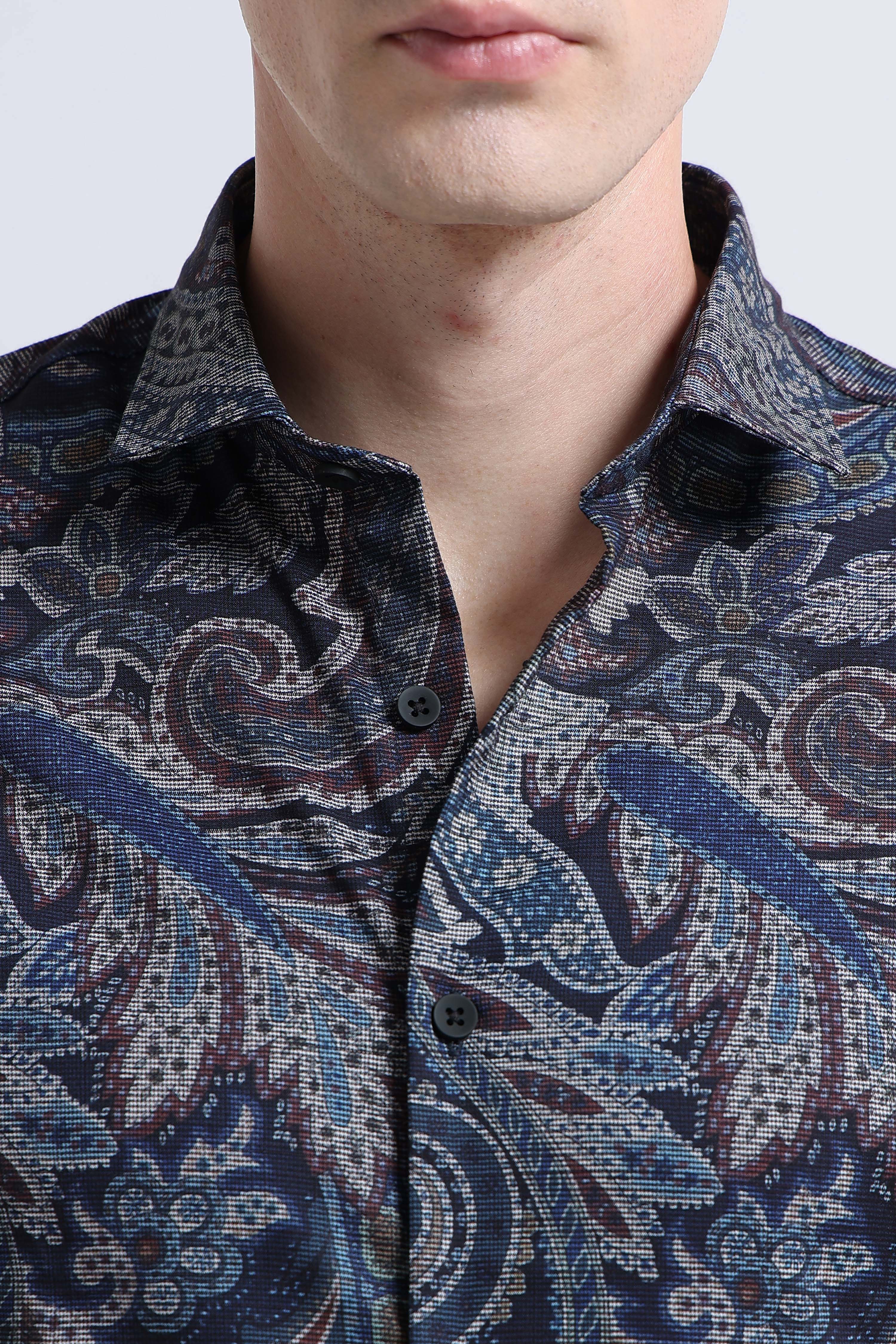Men Navy Printed Cotton Blend Shirt
