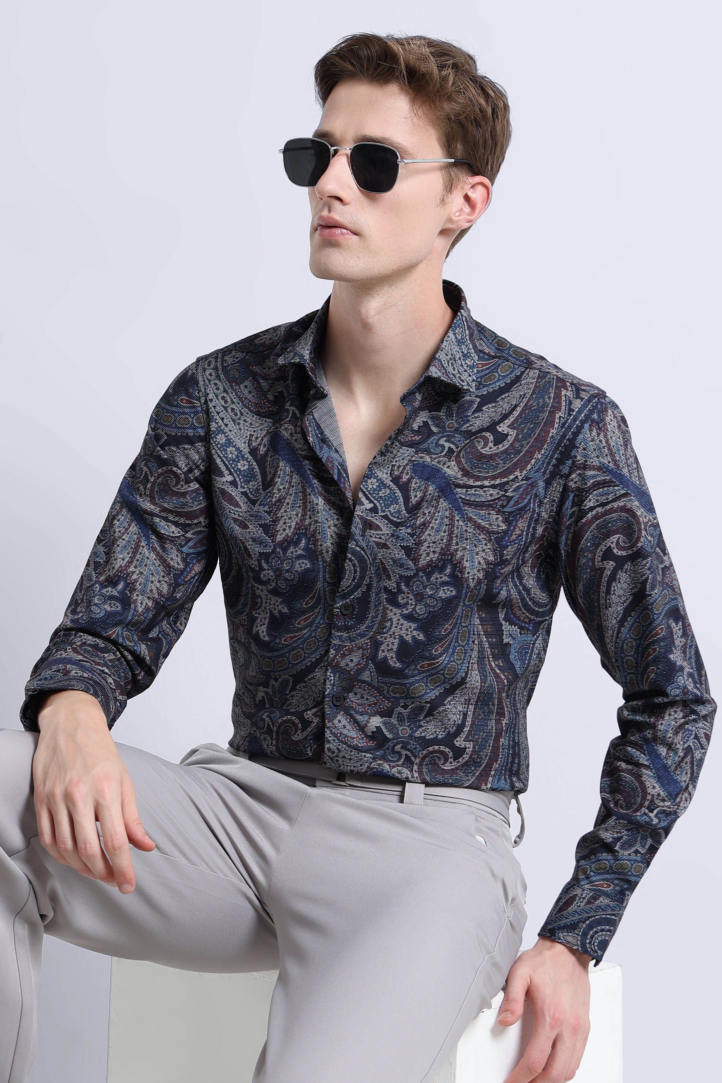 Men Navy Printed Cotton Blend Shirt