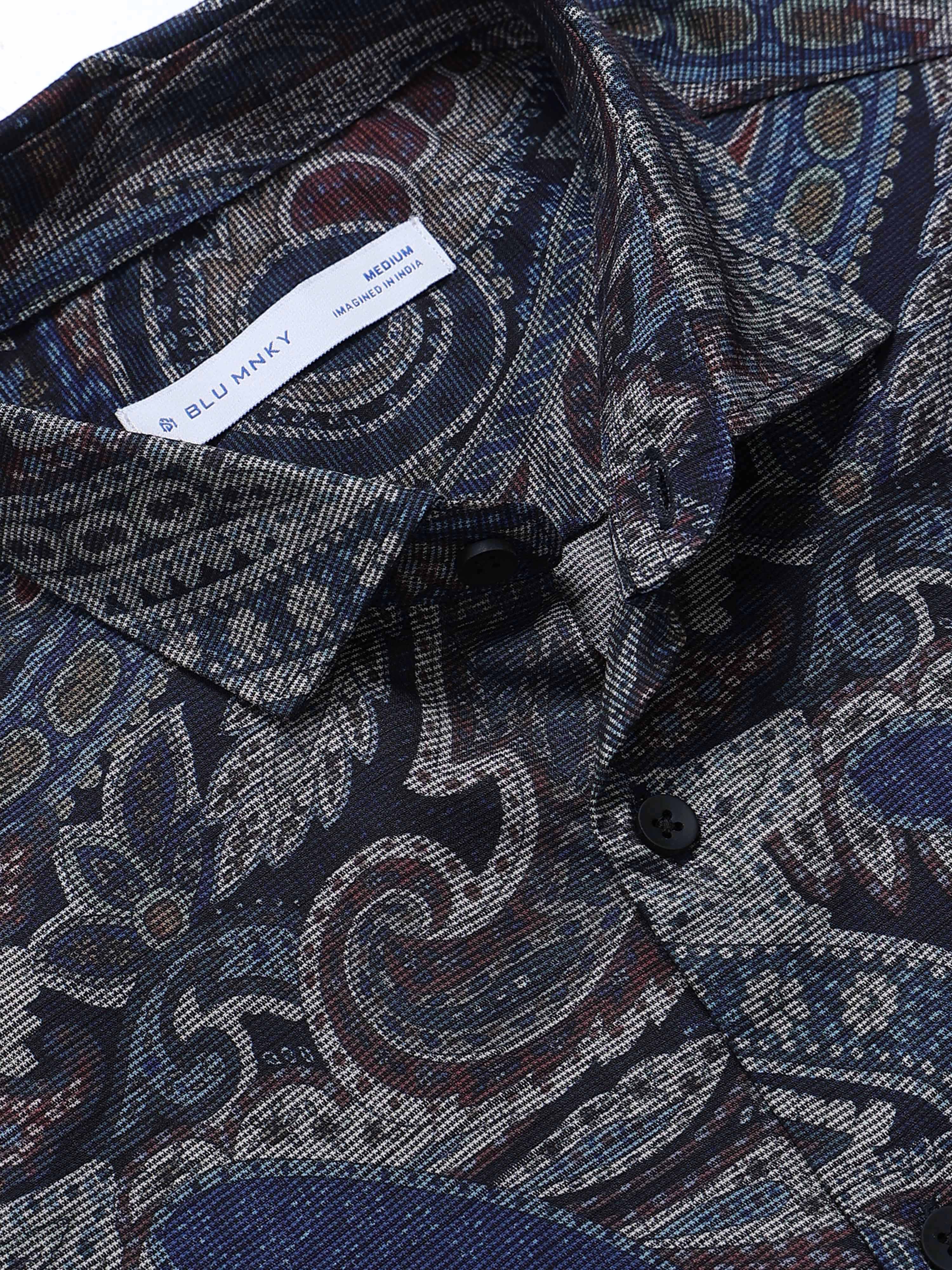 Men Navy Printed Cotton Blend Shirt