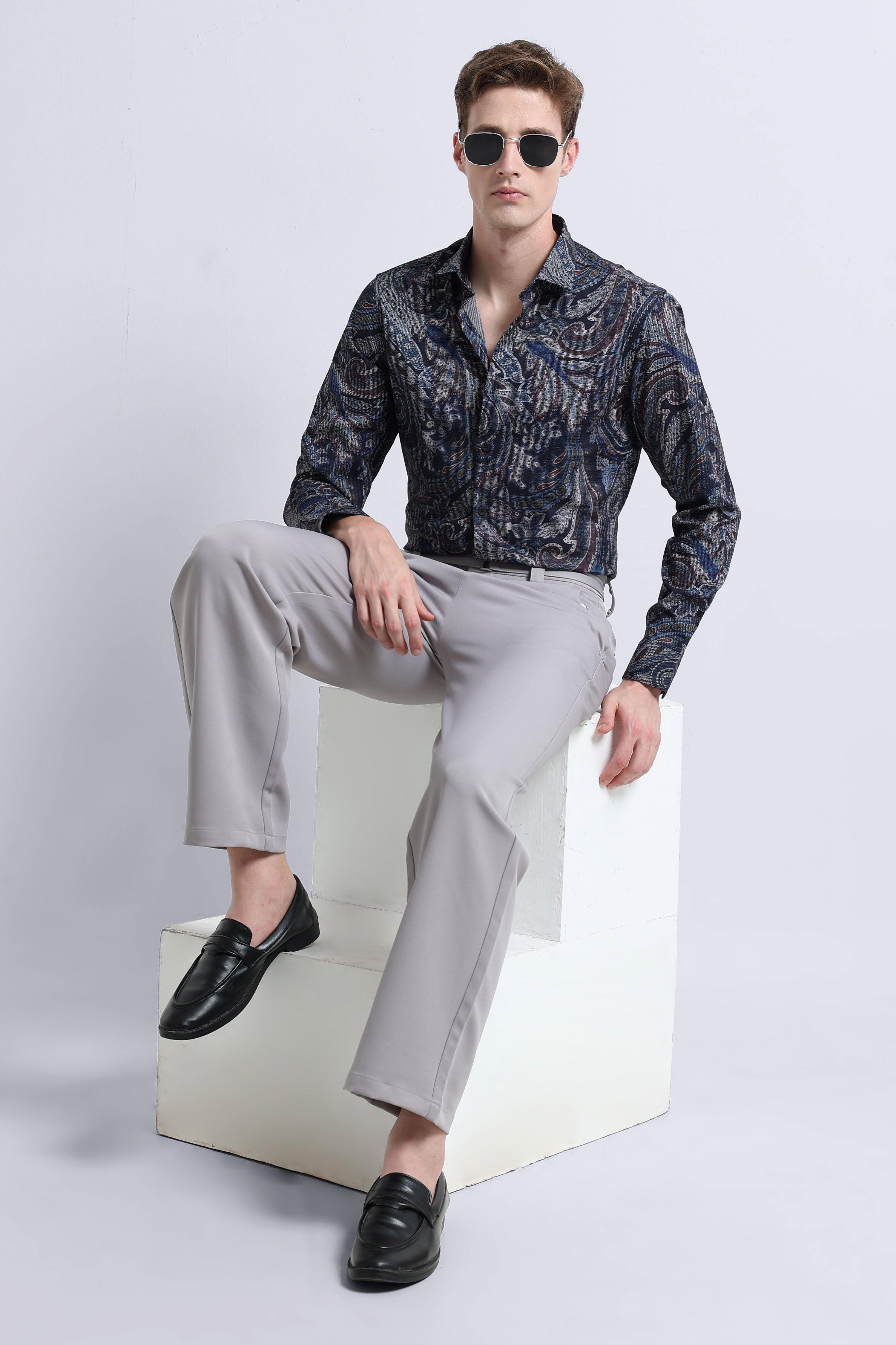 Men Navy Printed Cotton Blend Shirt