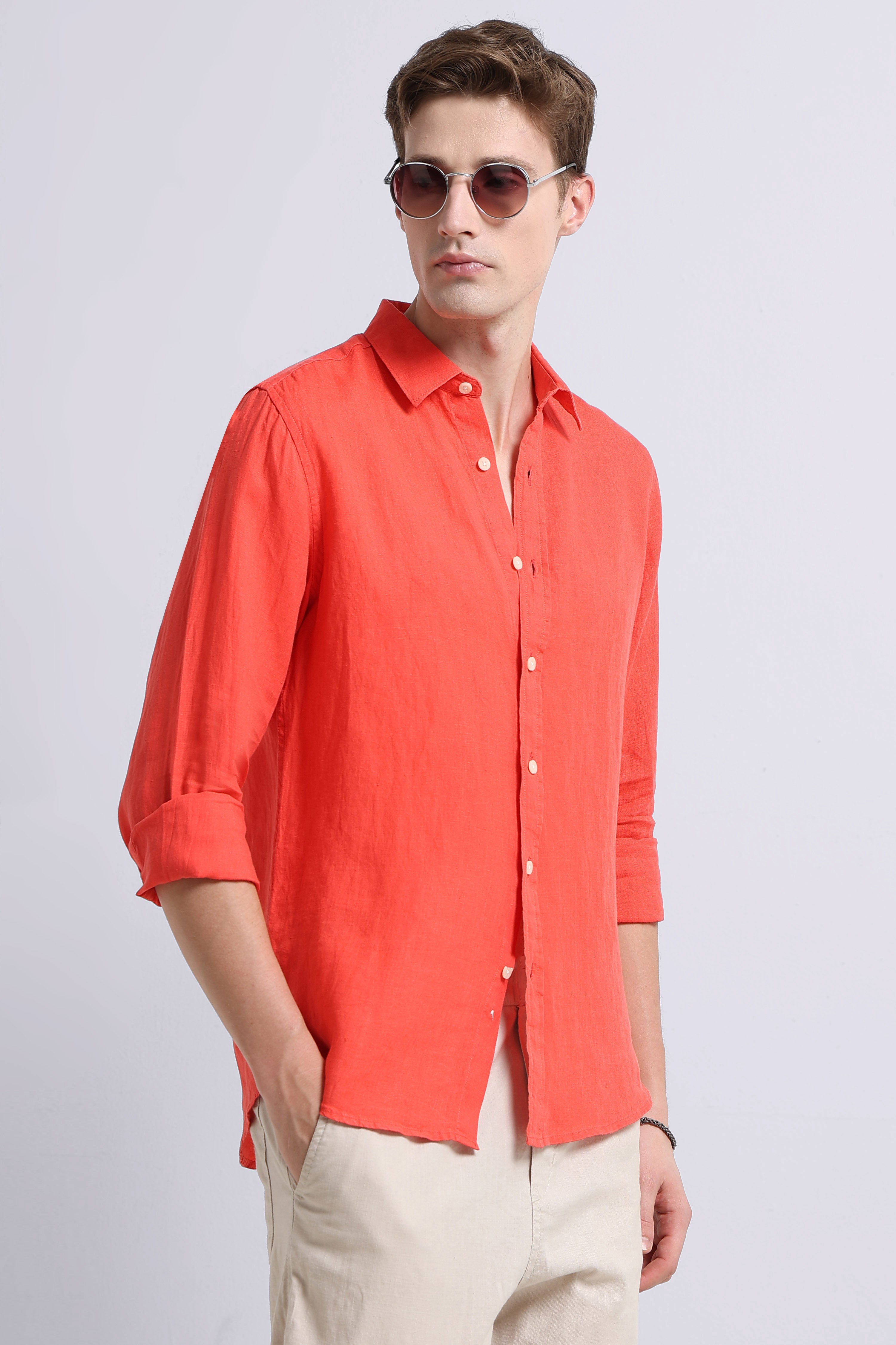 Men peach Classic Linen Shirt