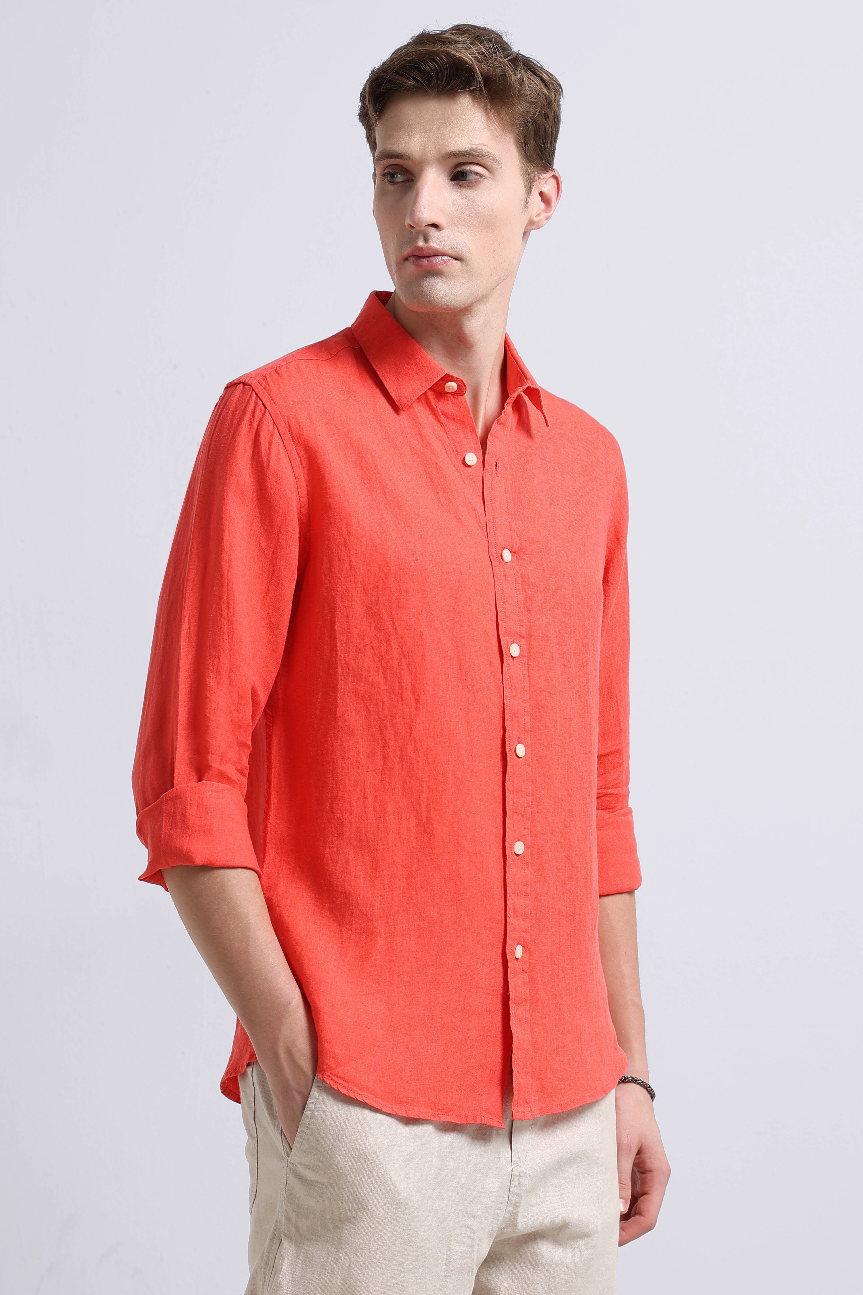 Men peach Classic Linen Shirt
