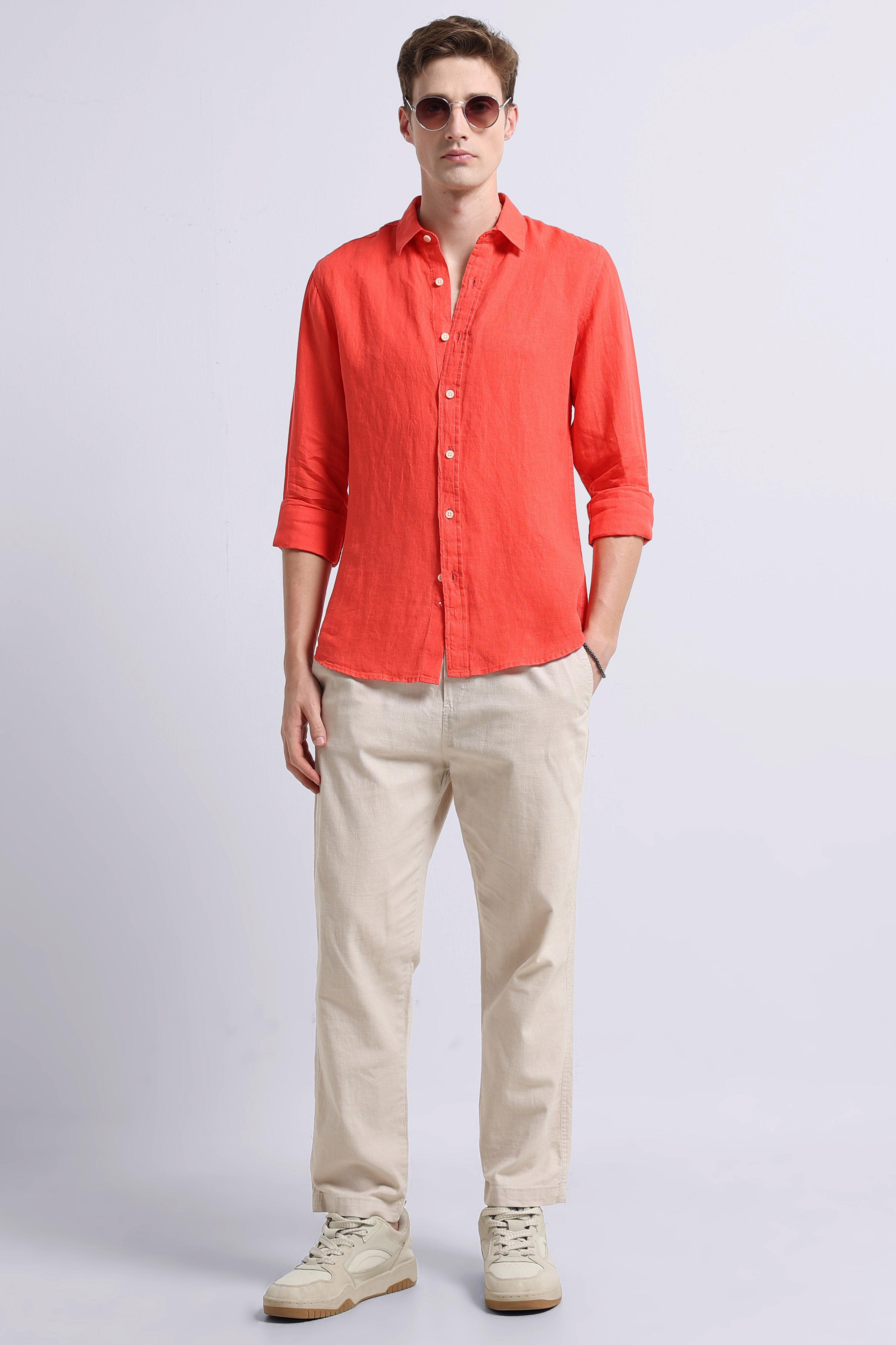 Men peach Classic Linen Shirt