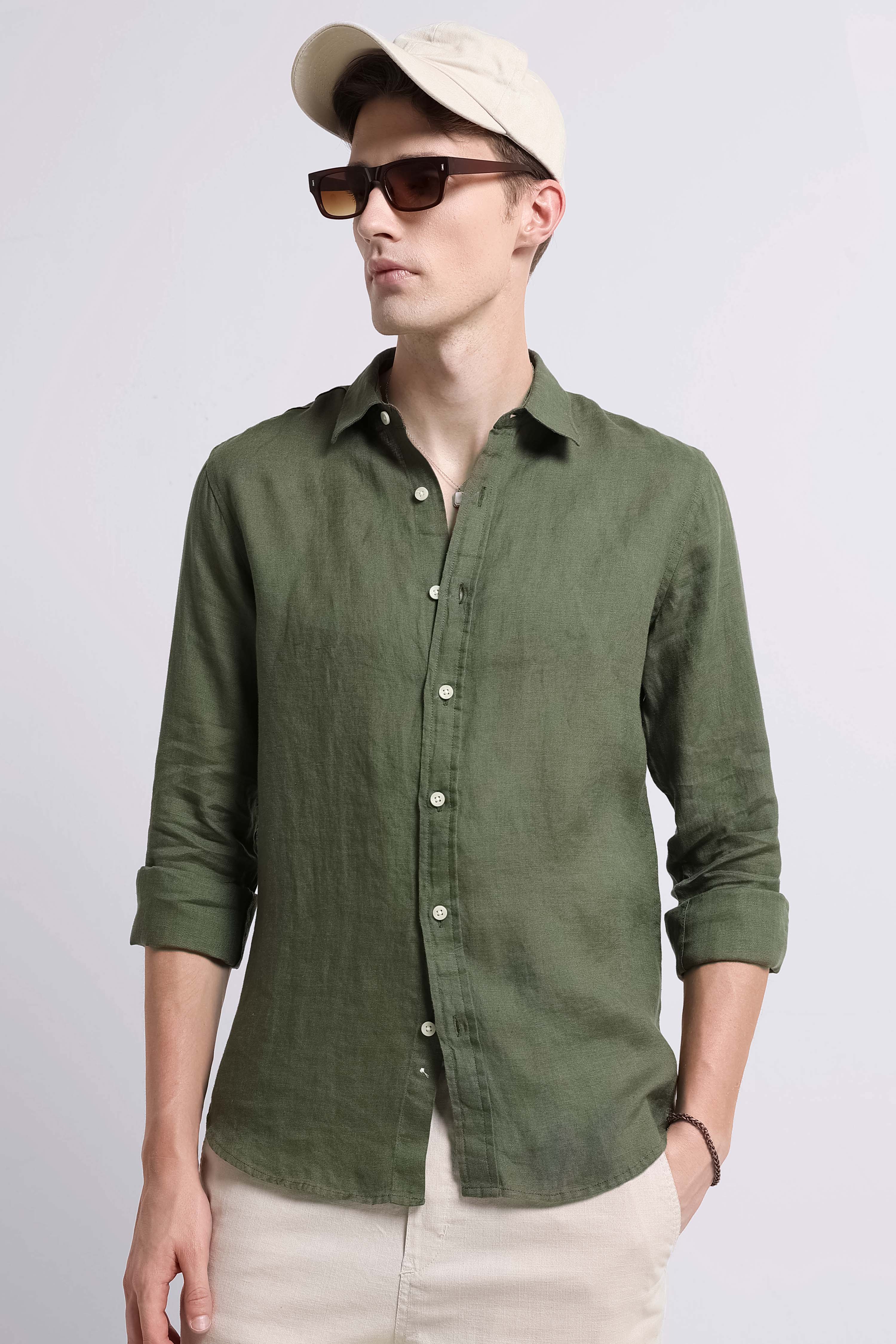 Men Olive Classic Linen Shirt