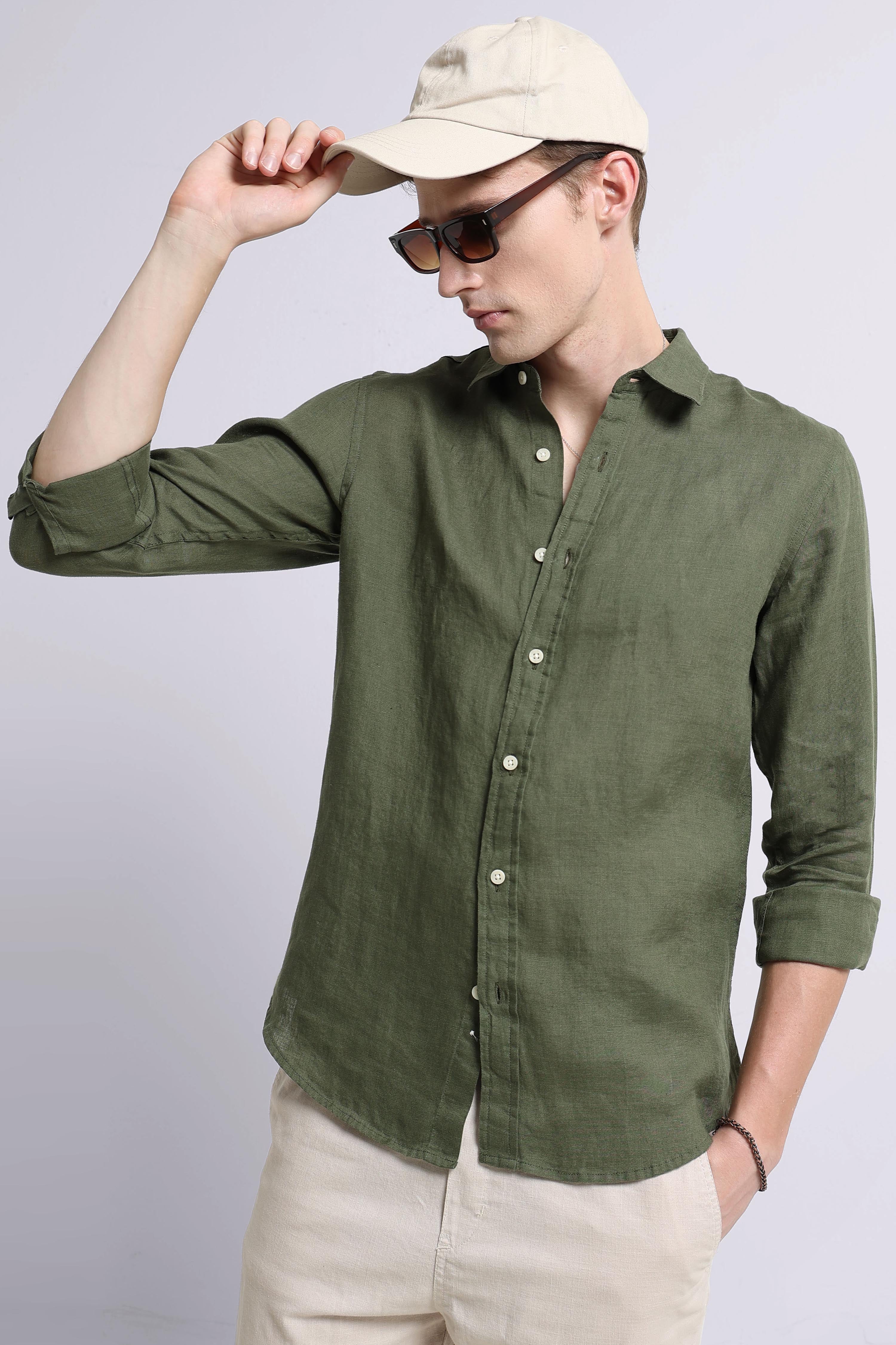 Men Olive Classic Linen Shirt