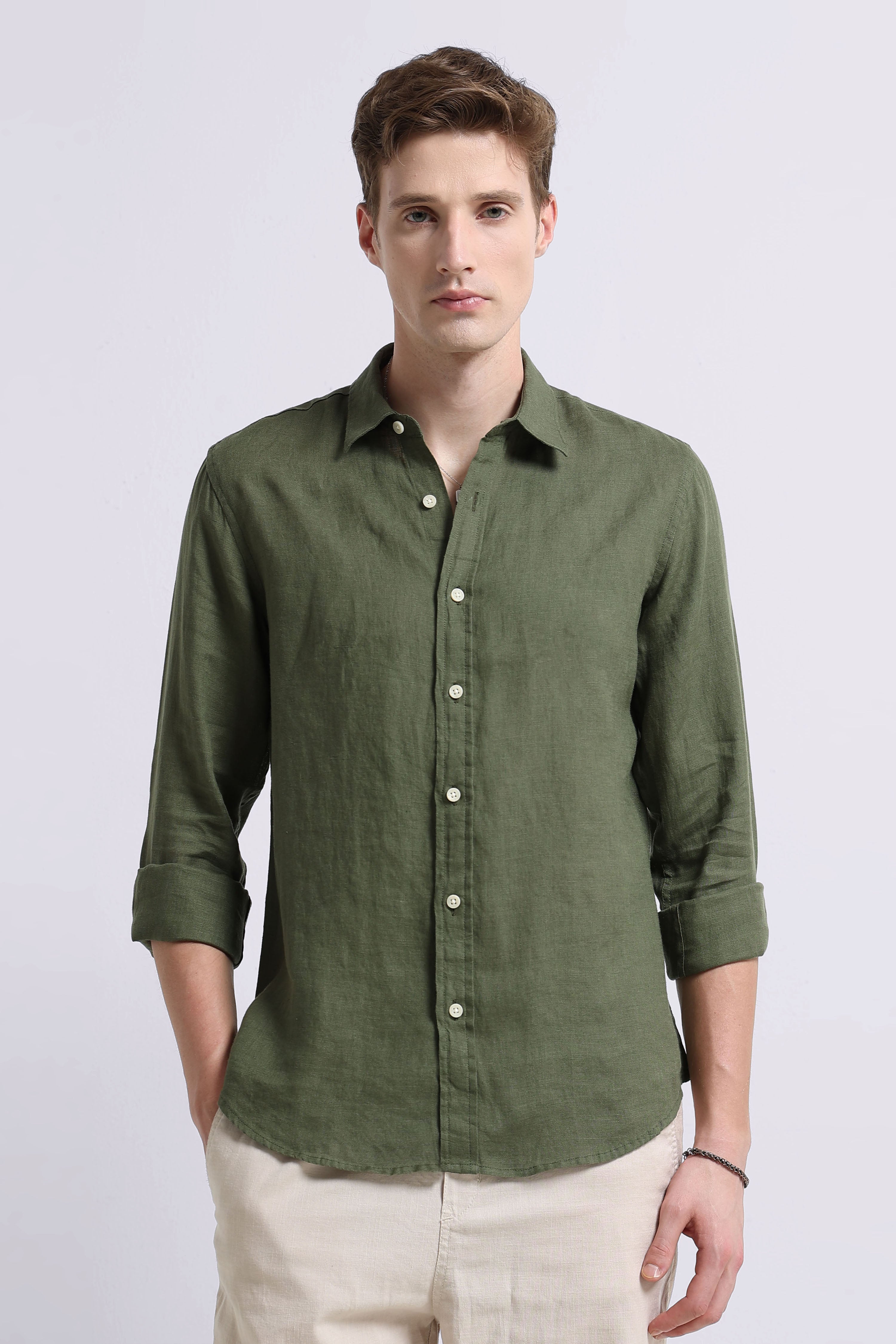 Men Olive Classic Linen Shirt