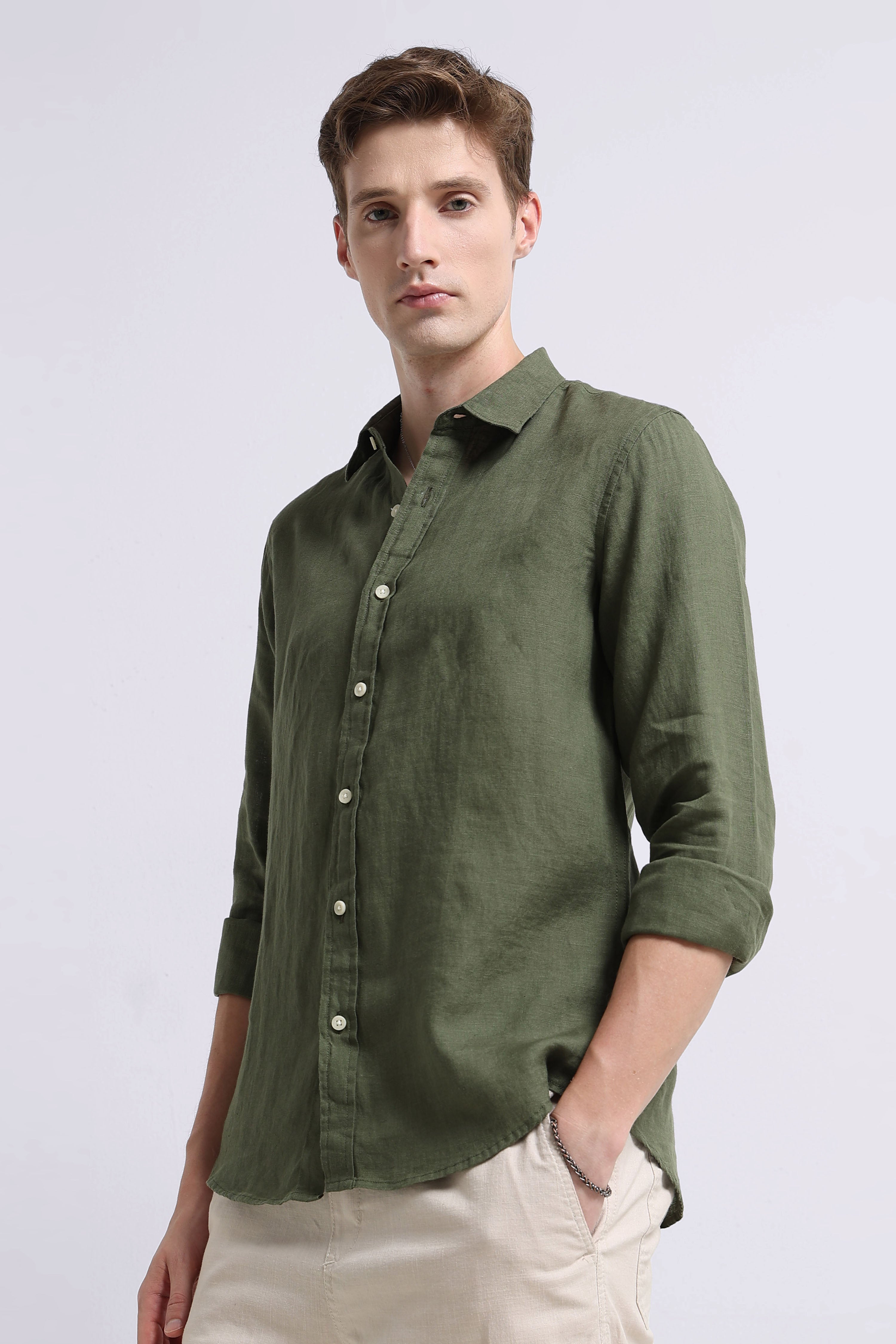 Men Olive Classic Linen Shirt