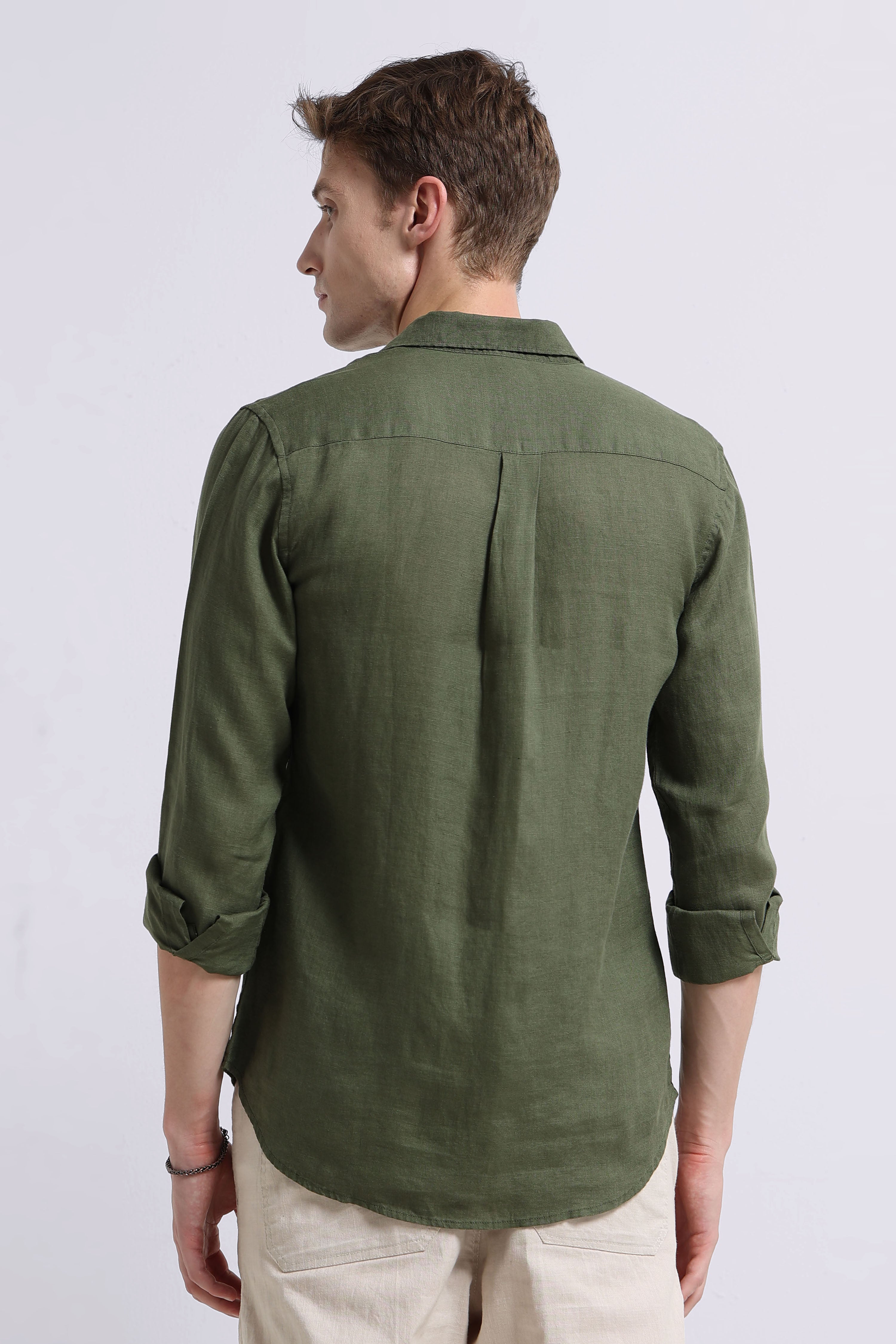 Men Olive Classic Linen Shirt