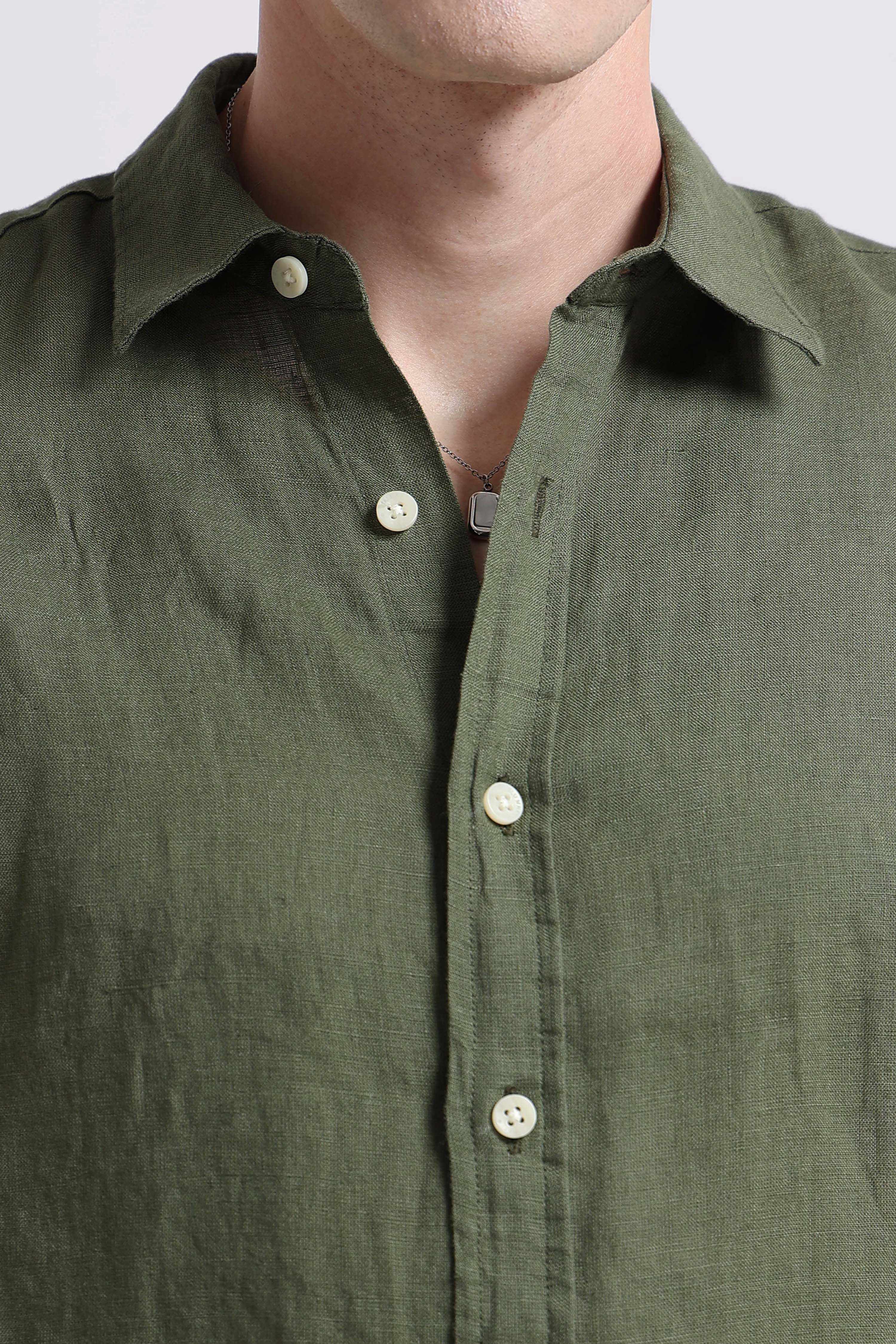 Men Olive Classic Linen Shirt
