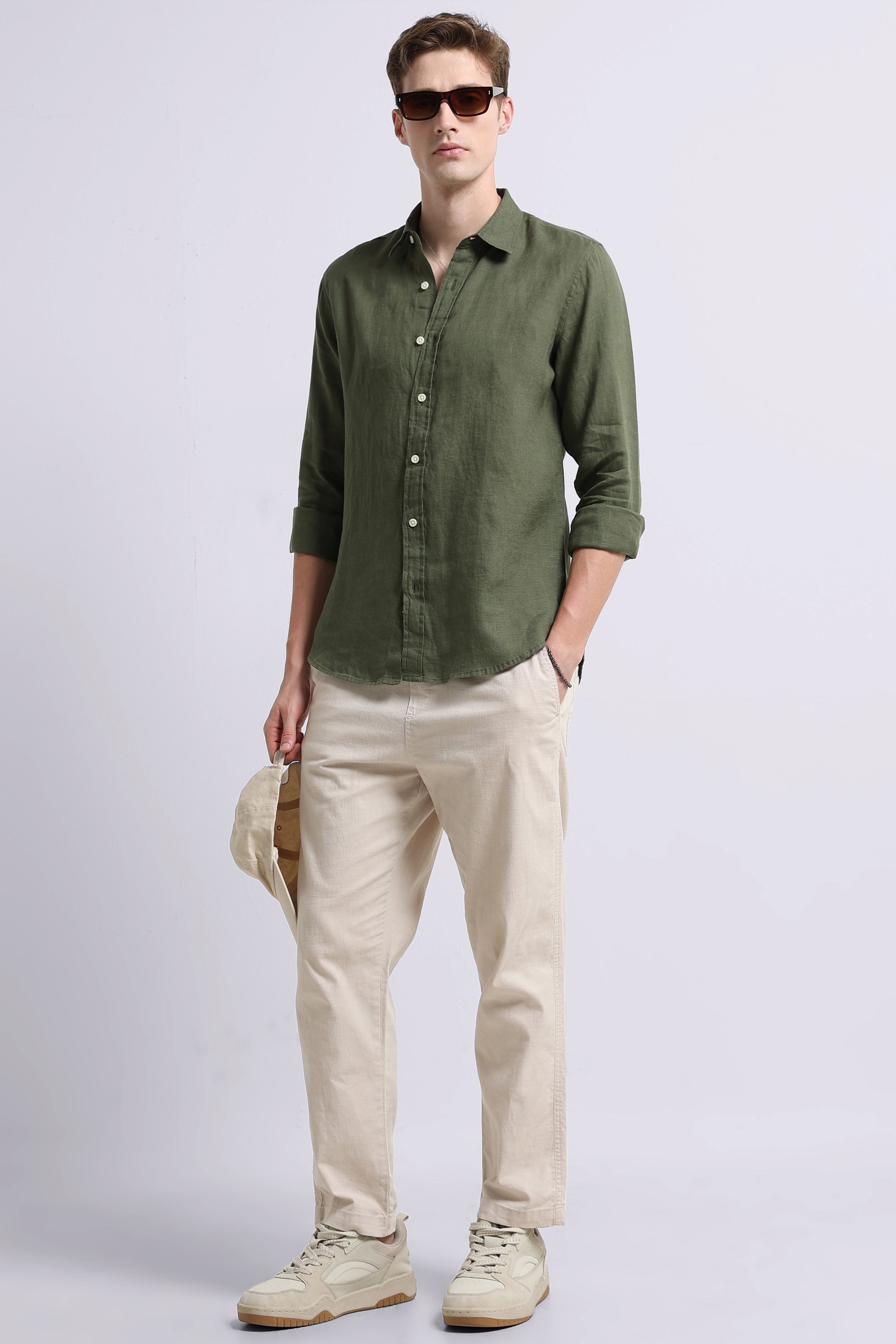 Men Olive Classic Linen Shirt