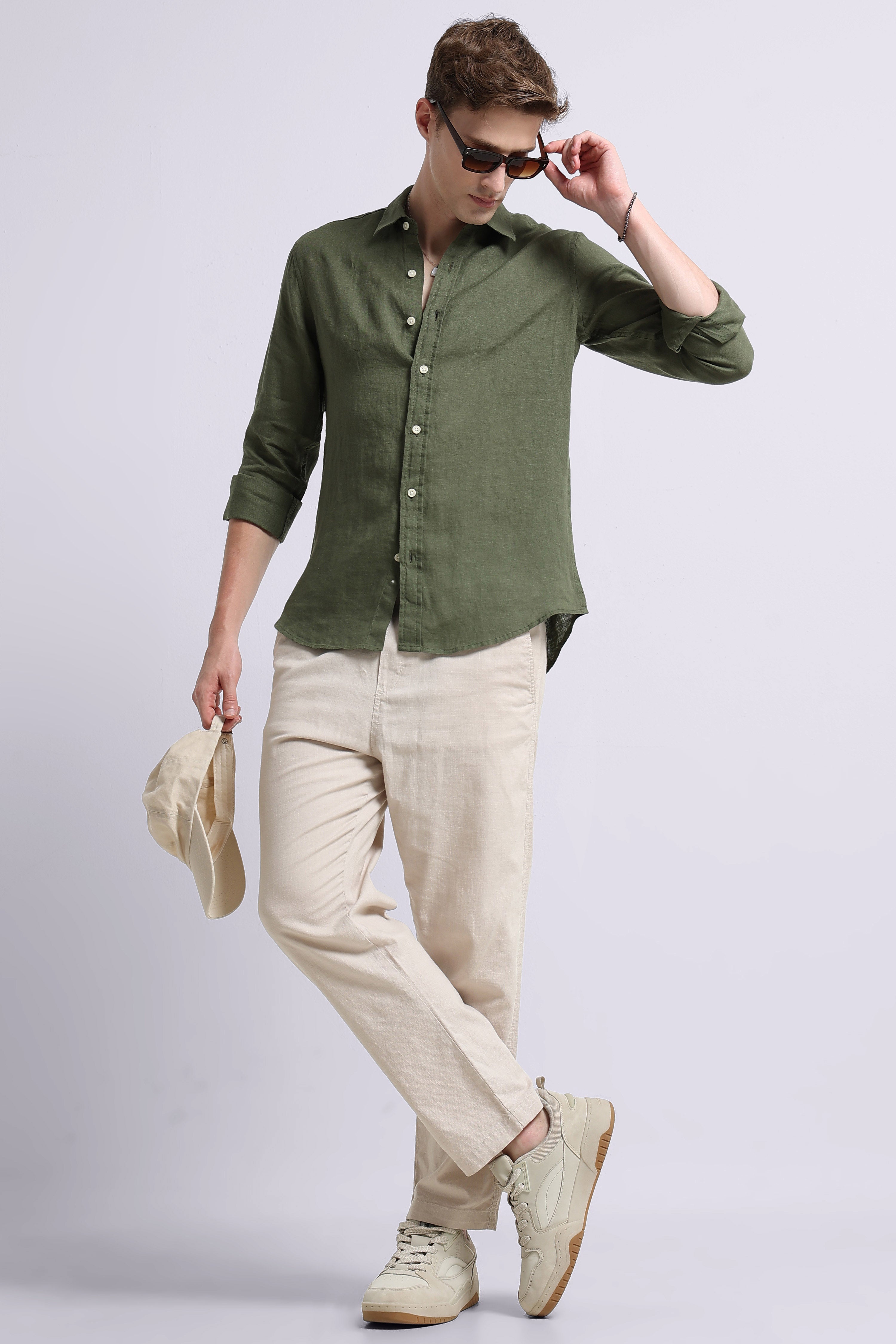 Men Olive Classic Linen Shirt