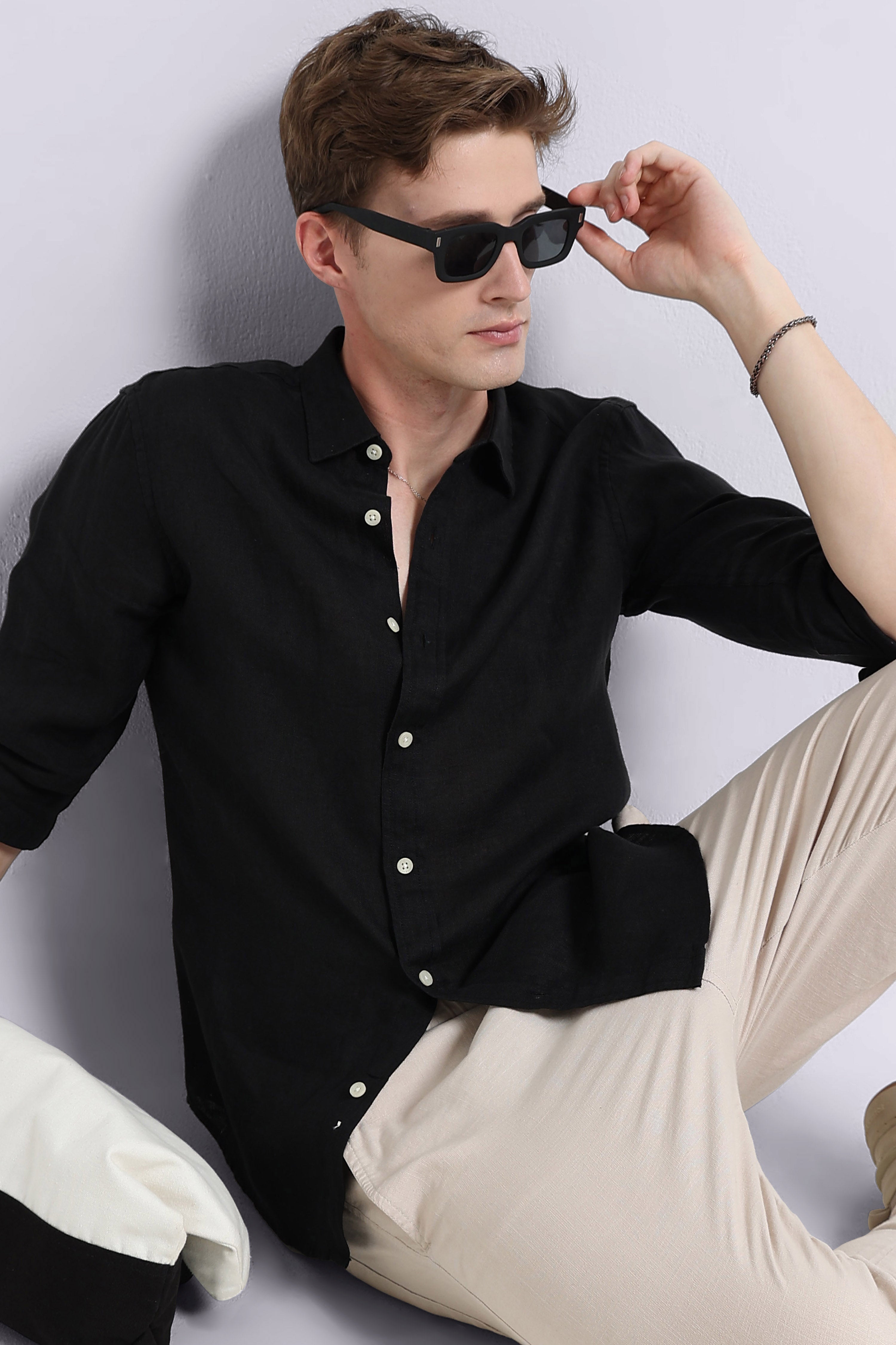 Men Black Classic Linen Shirt