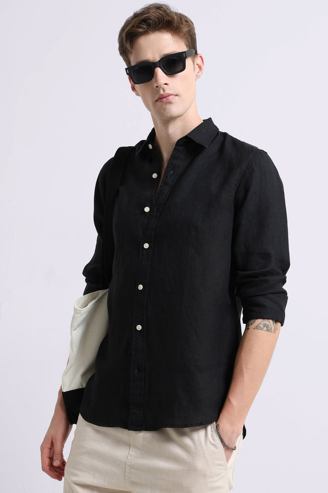 Men Black Classic Linen Shirt