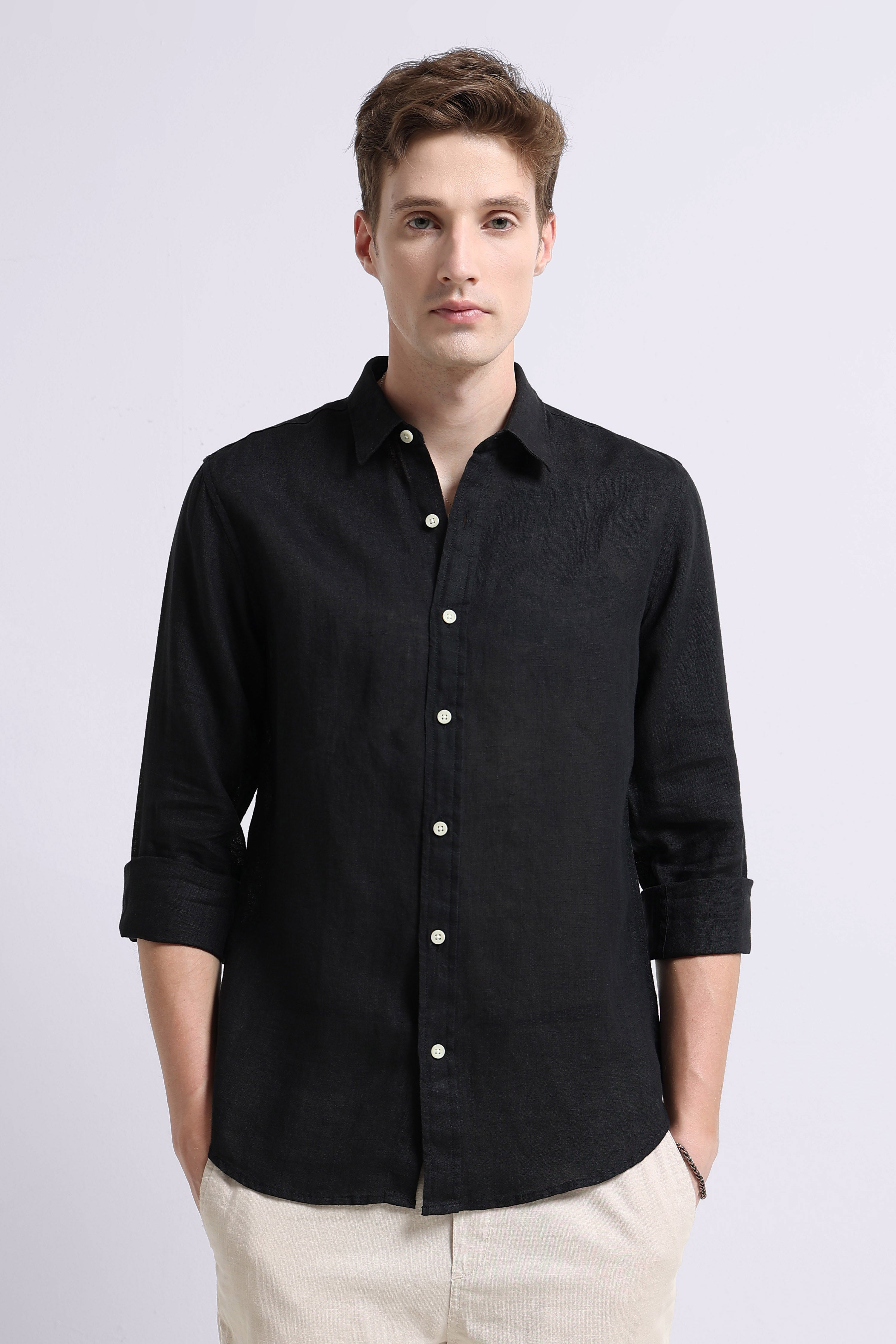 Men Black Classic Linen Shirt