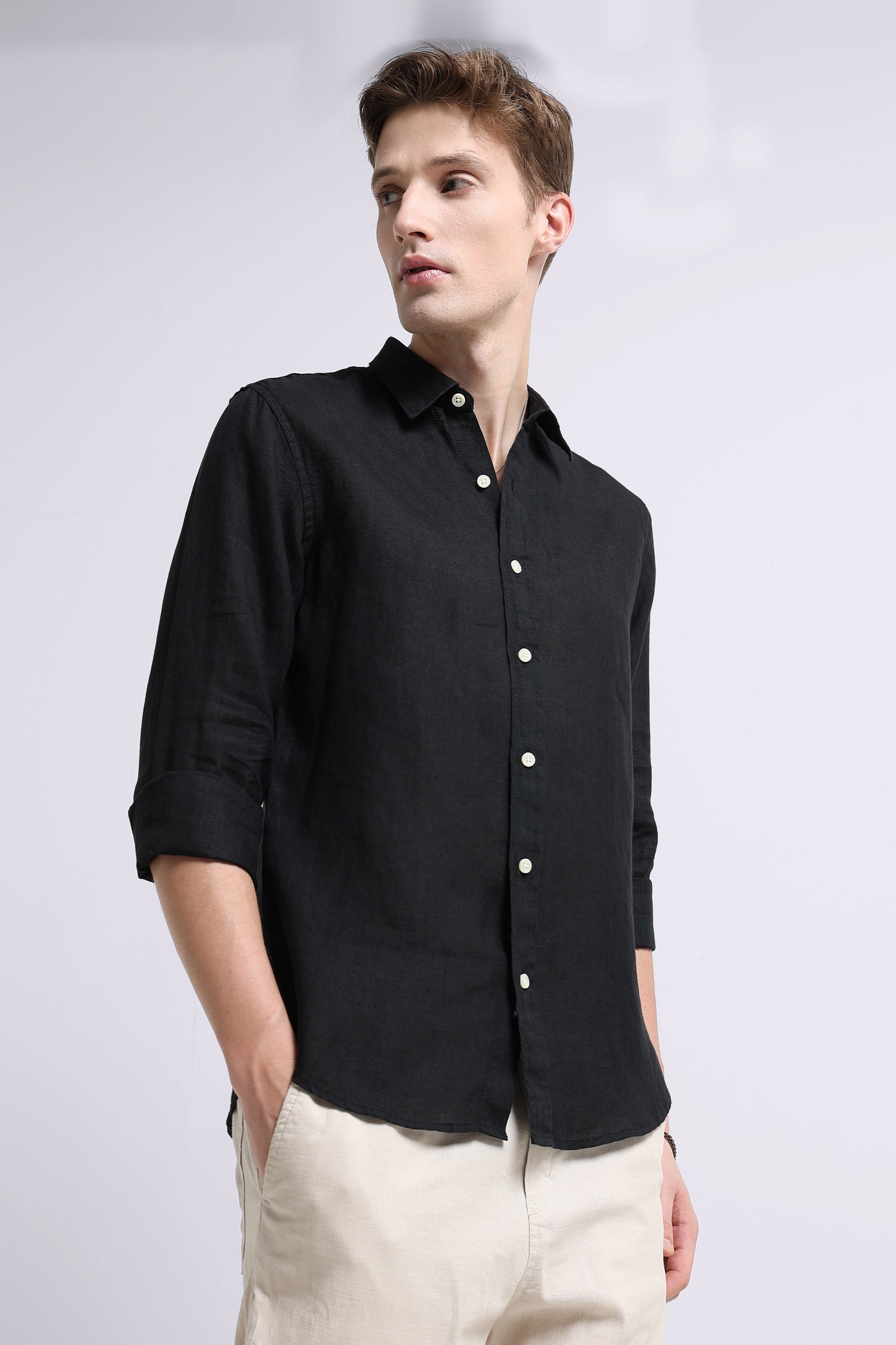 Men Black Classic Linen Shirt