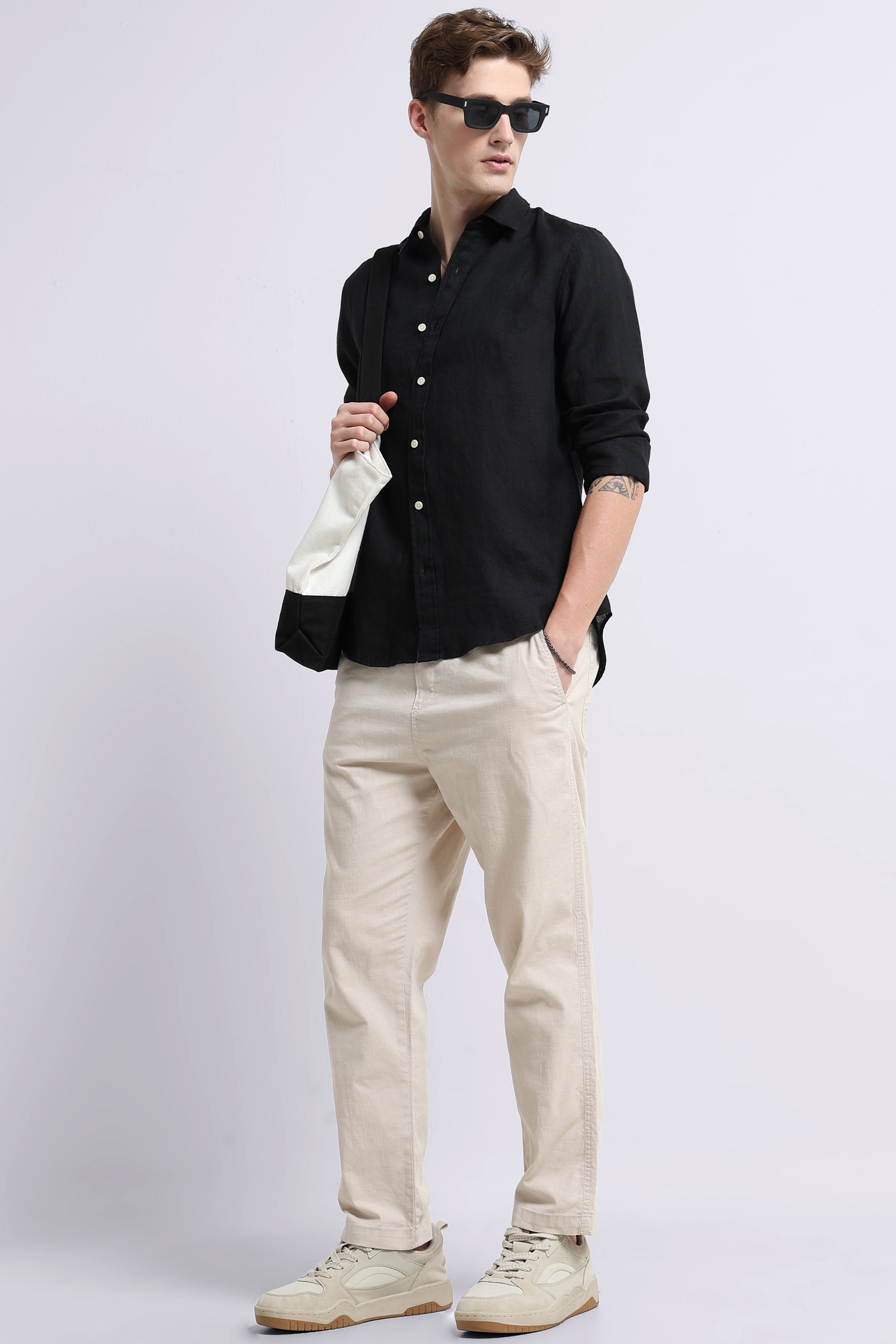Men Black Classic Linen Shirt