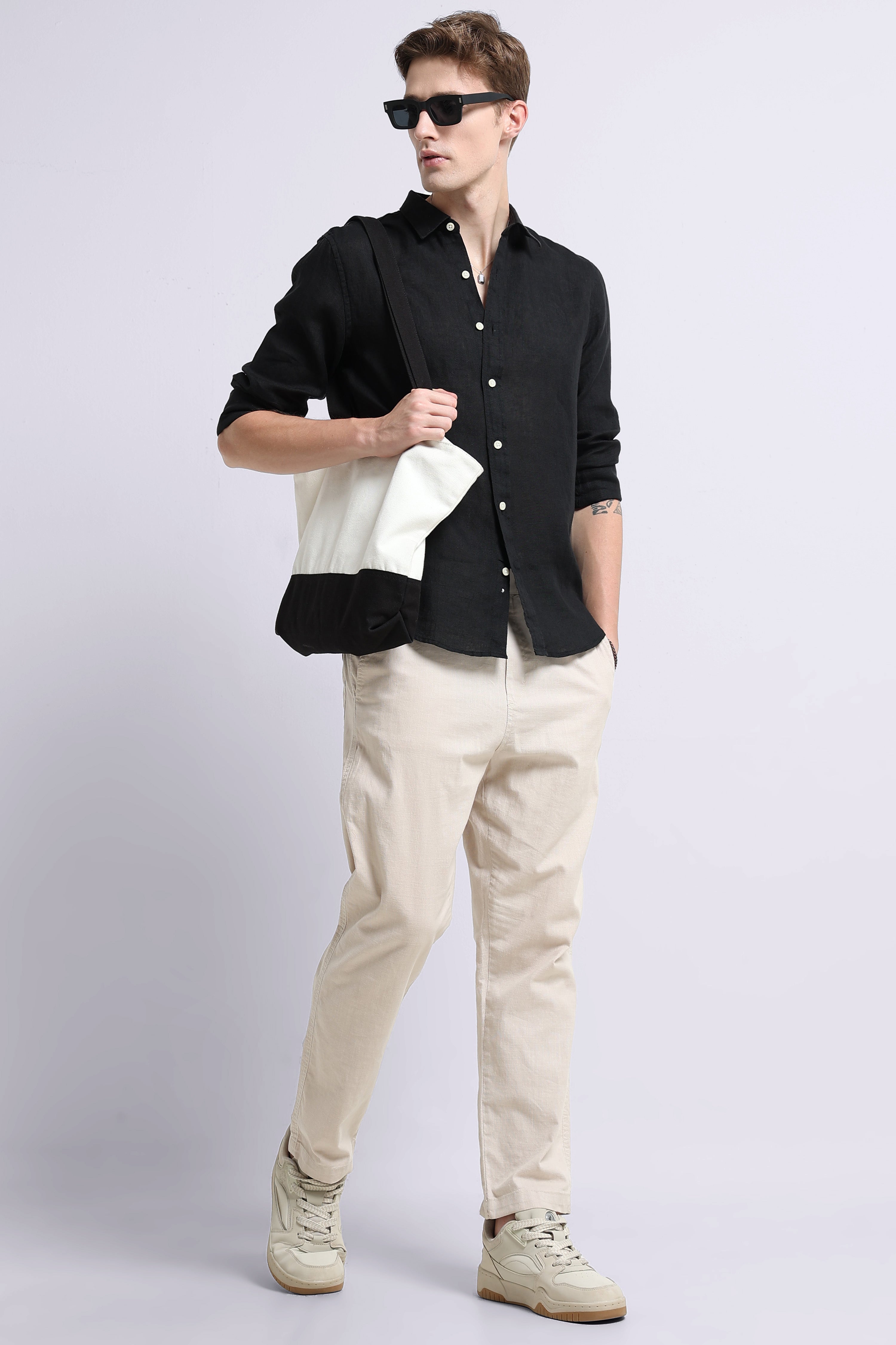 Men Black Classic Linen Shirt