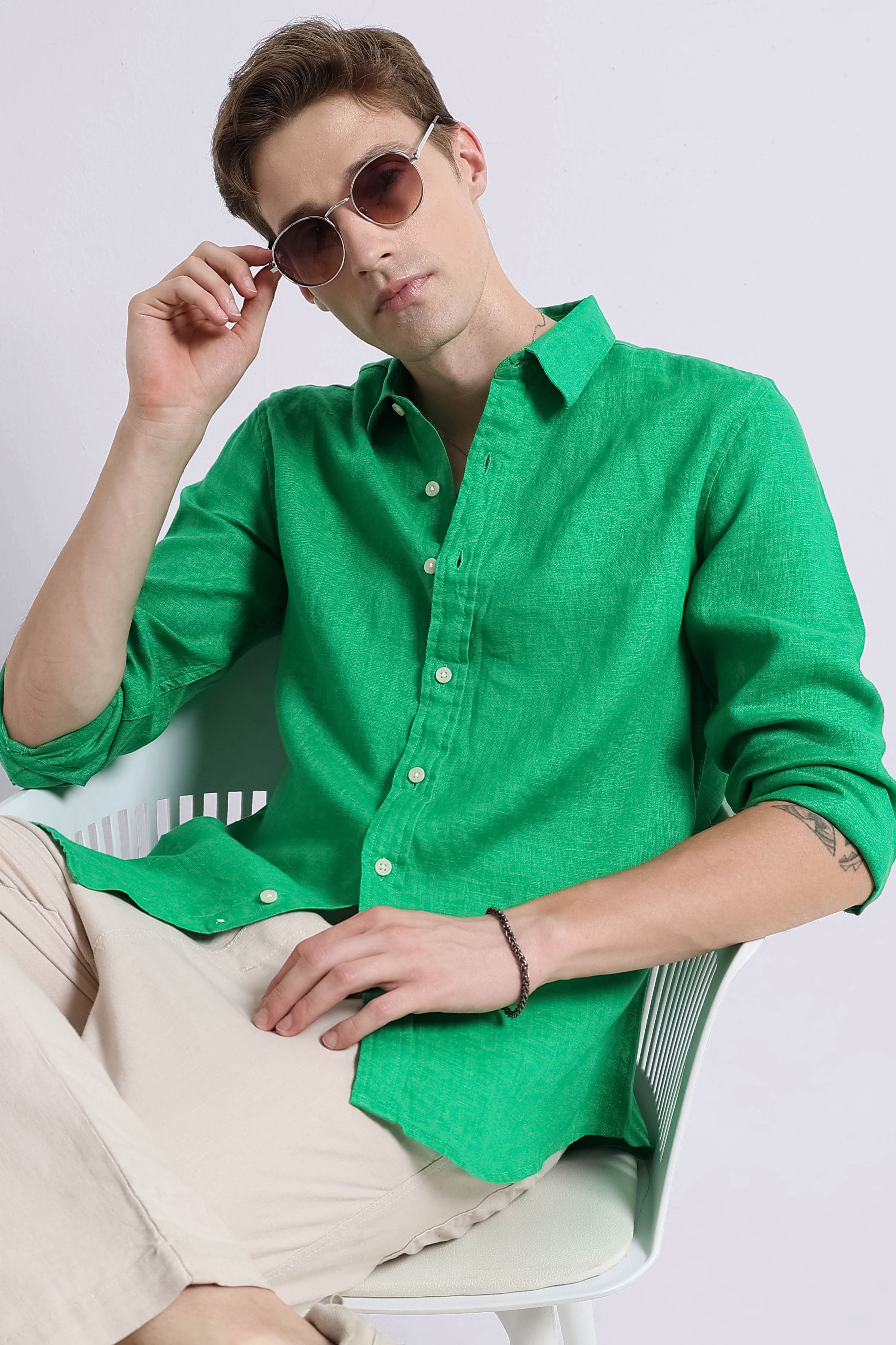 Men Green Classic Linen Shirt