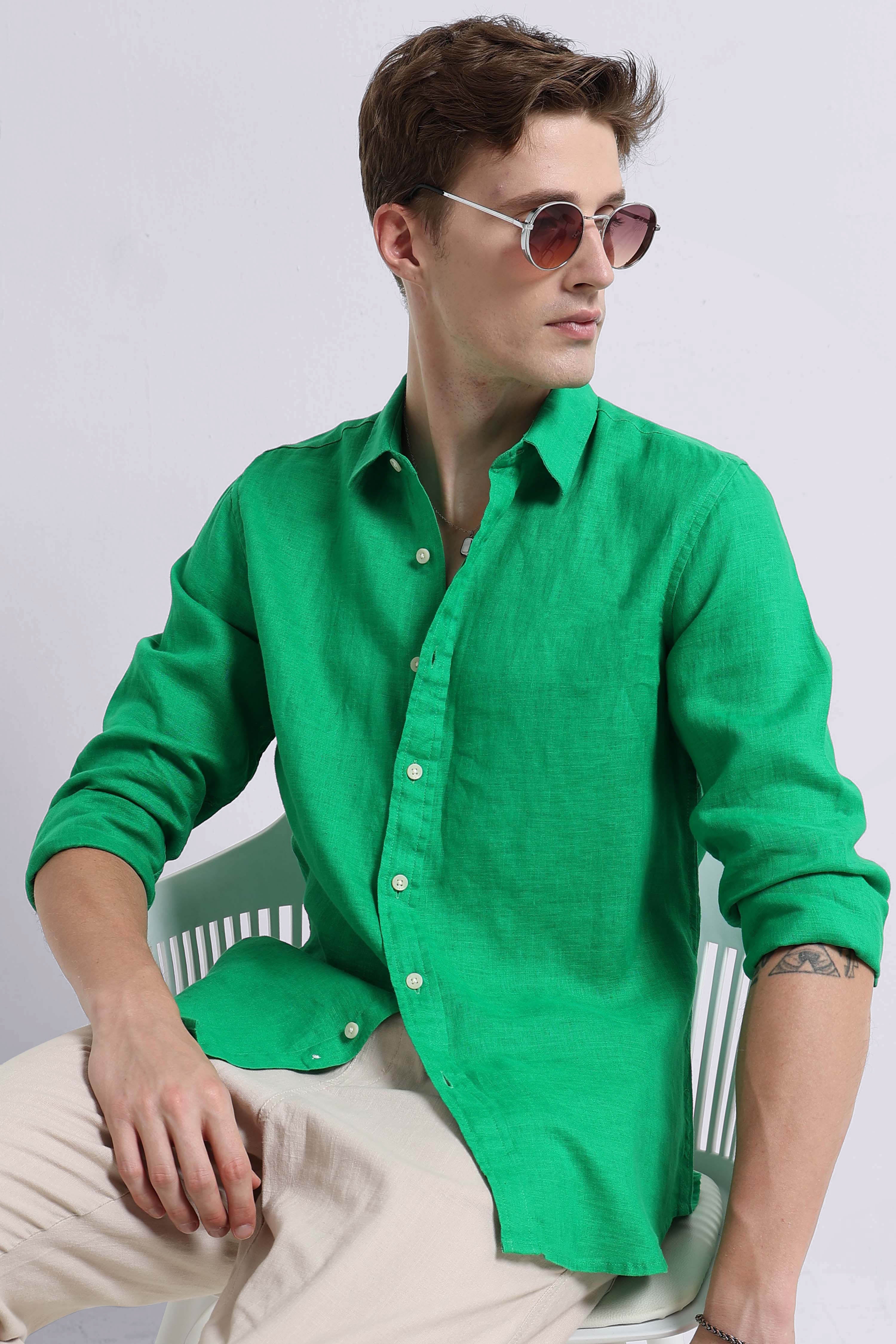 Men Green Classic Linen Shirt
