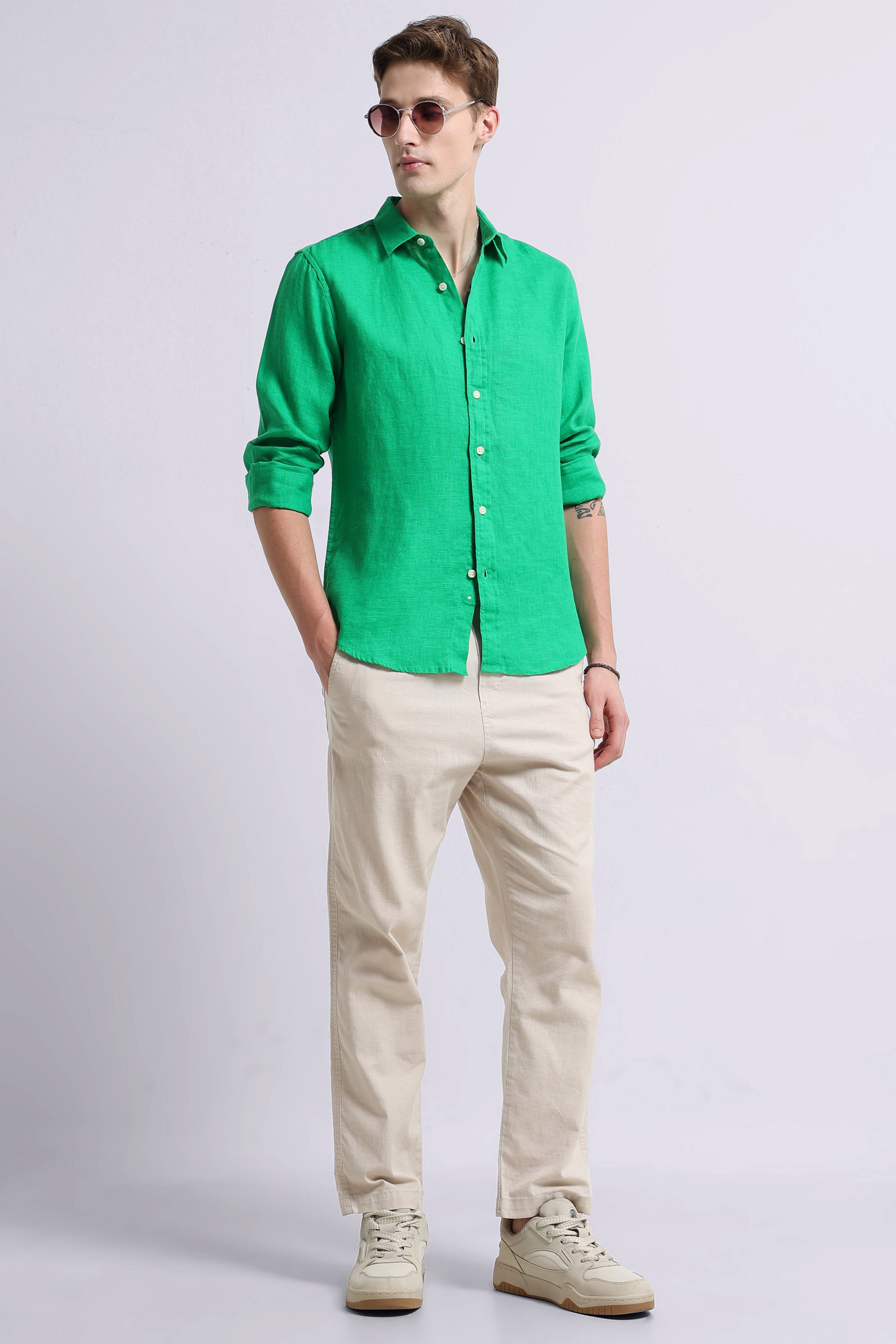 Men Green Classic Linen Shirt
