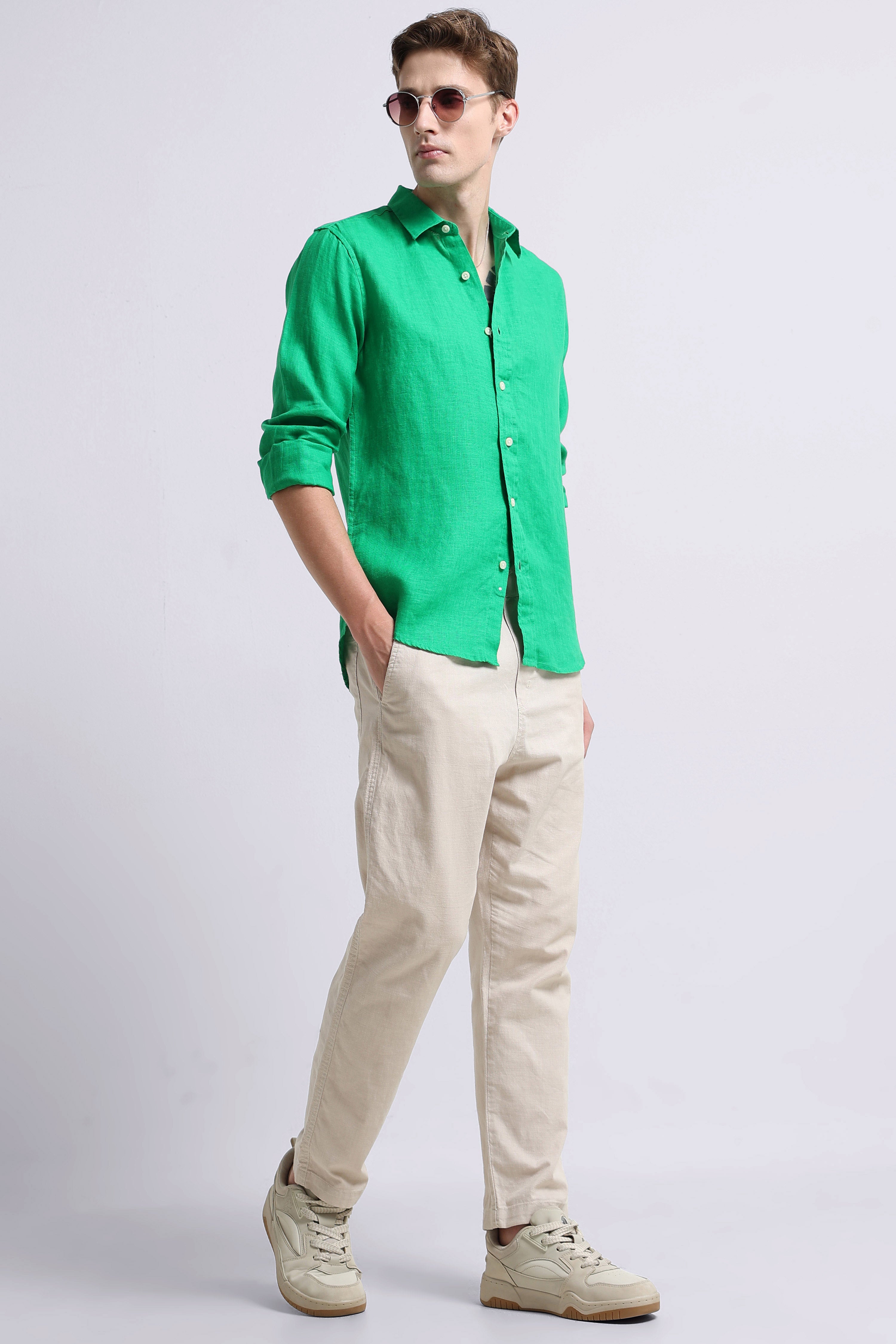 Men Green Classic Linen Shirt