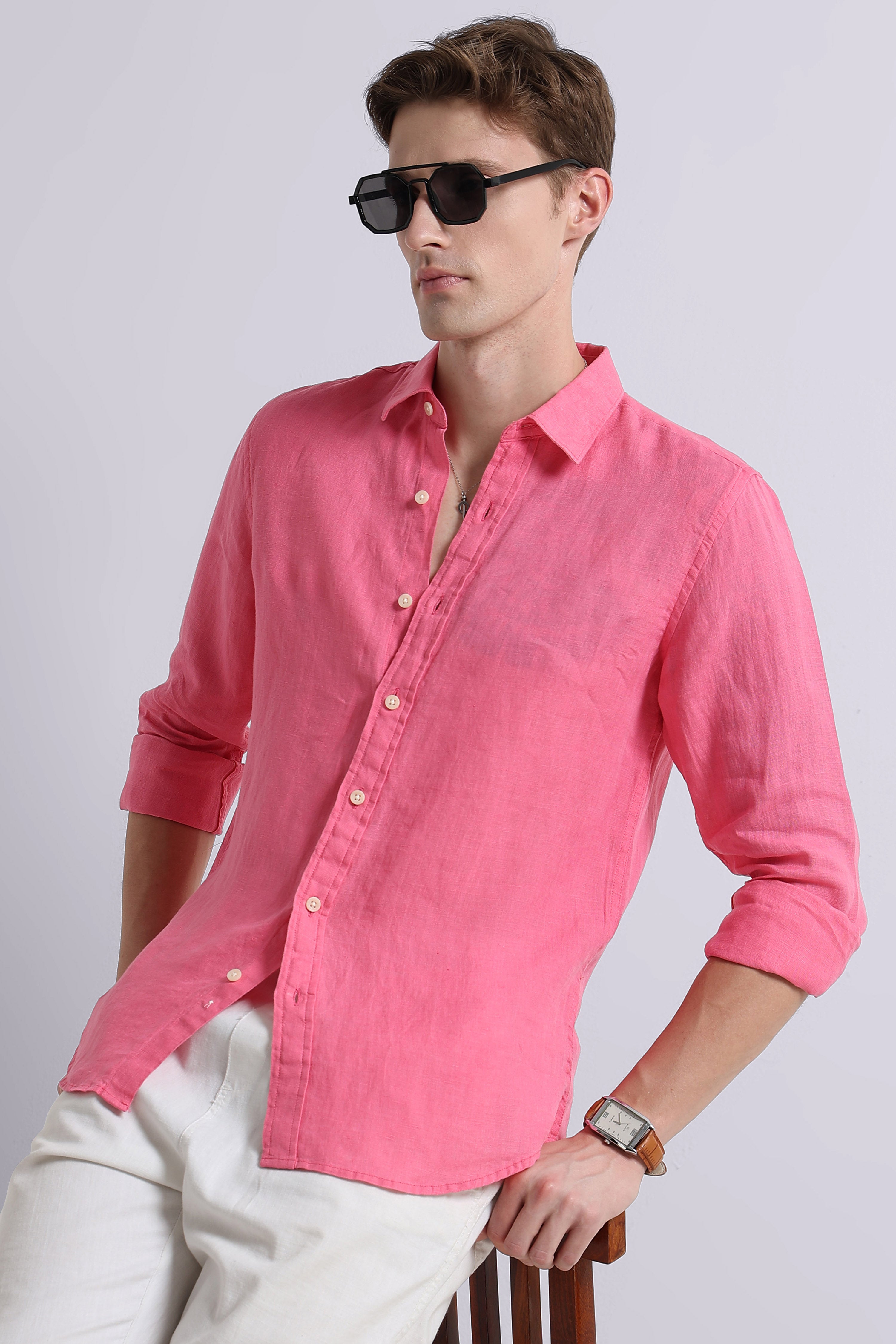 Men Pink Classic Linen Shirt