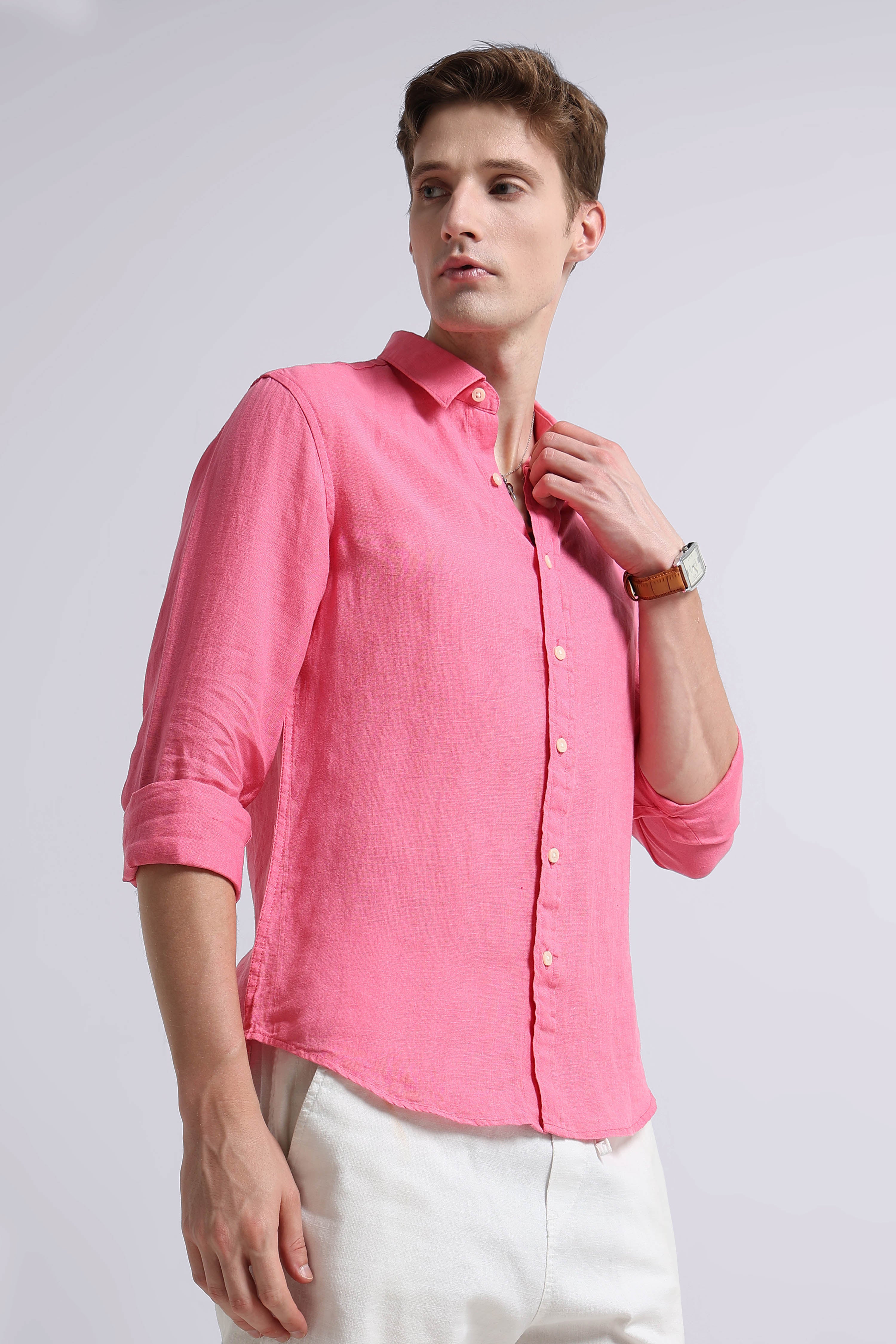 Men Pink Classic Linen Shirt