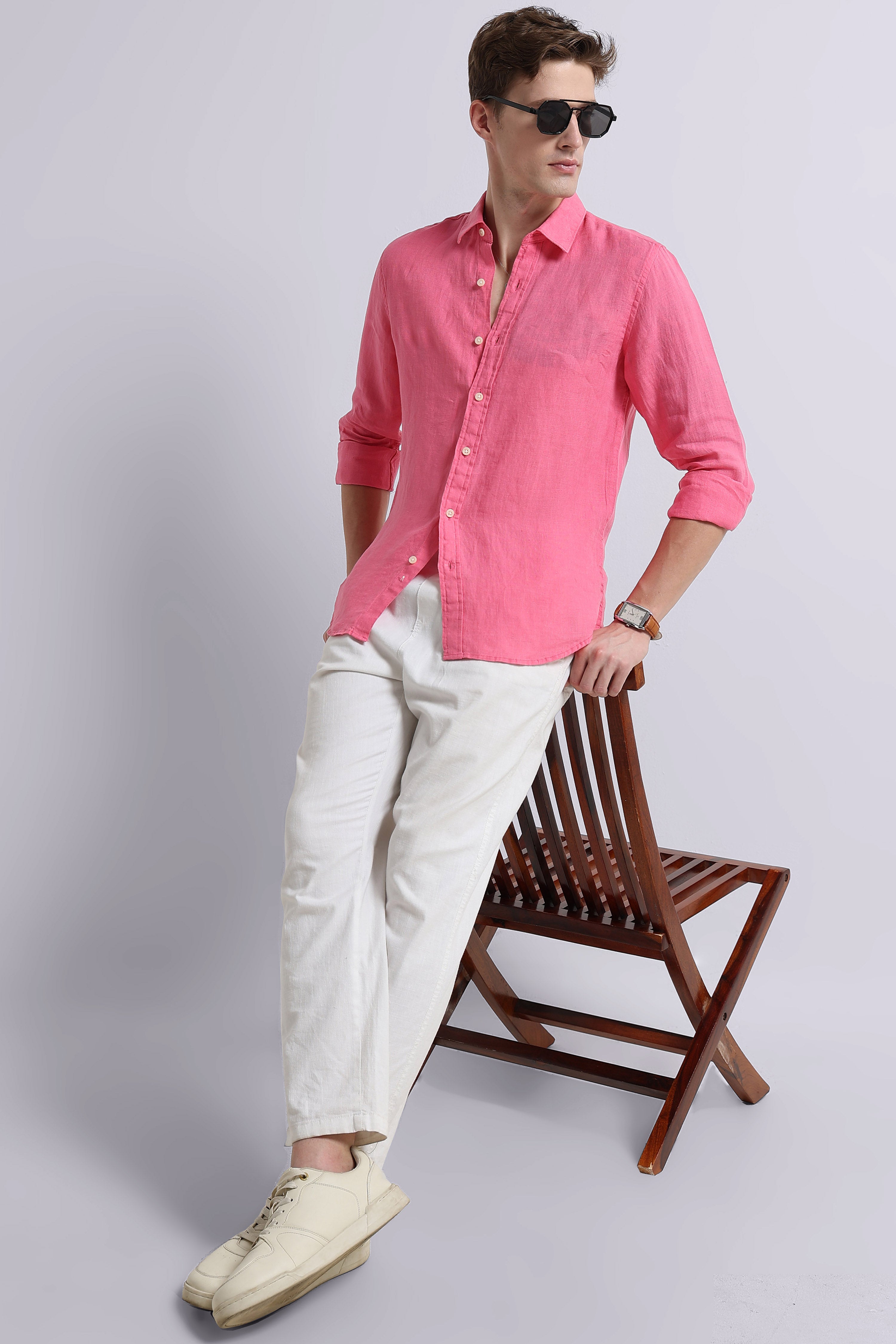 Men Pink Classic Linen Shirt