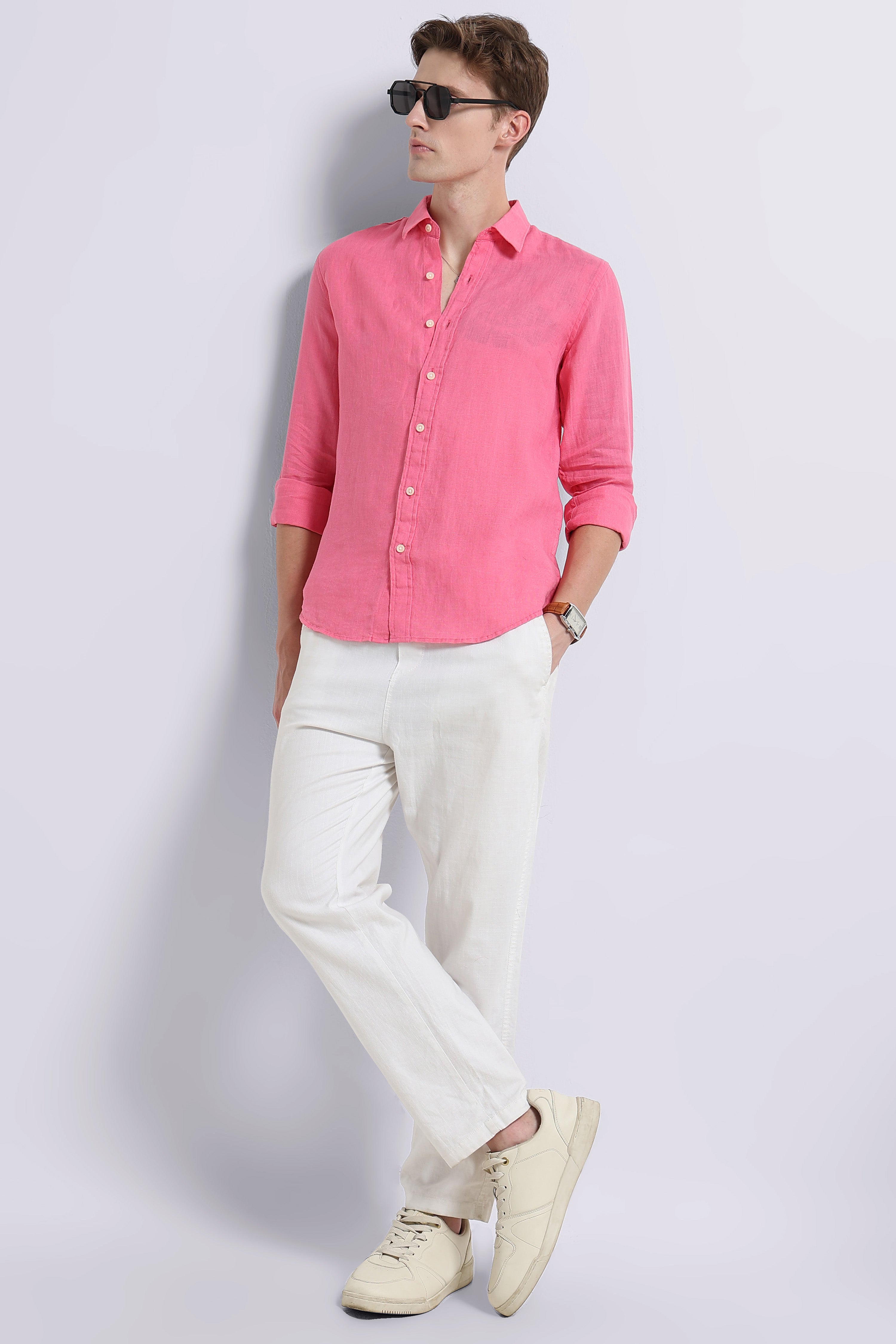 Men Pink Classic Linen Shirt