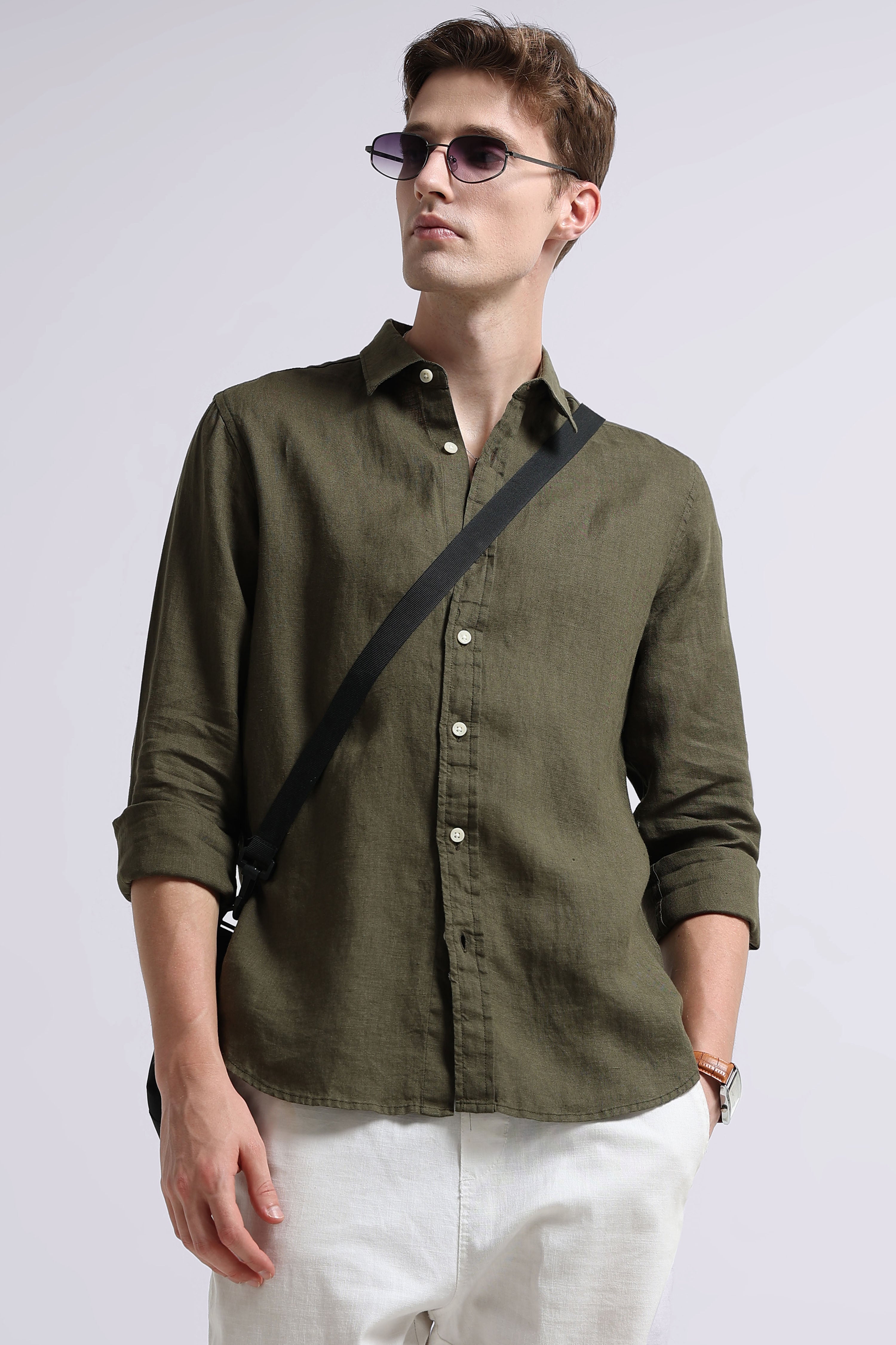 Men Green Classic Linen Shirt