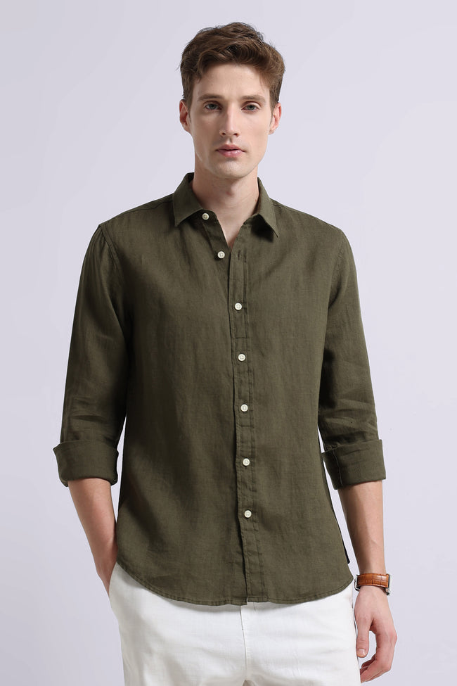 Men Green Classic Linen Shirt