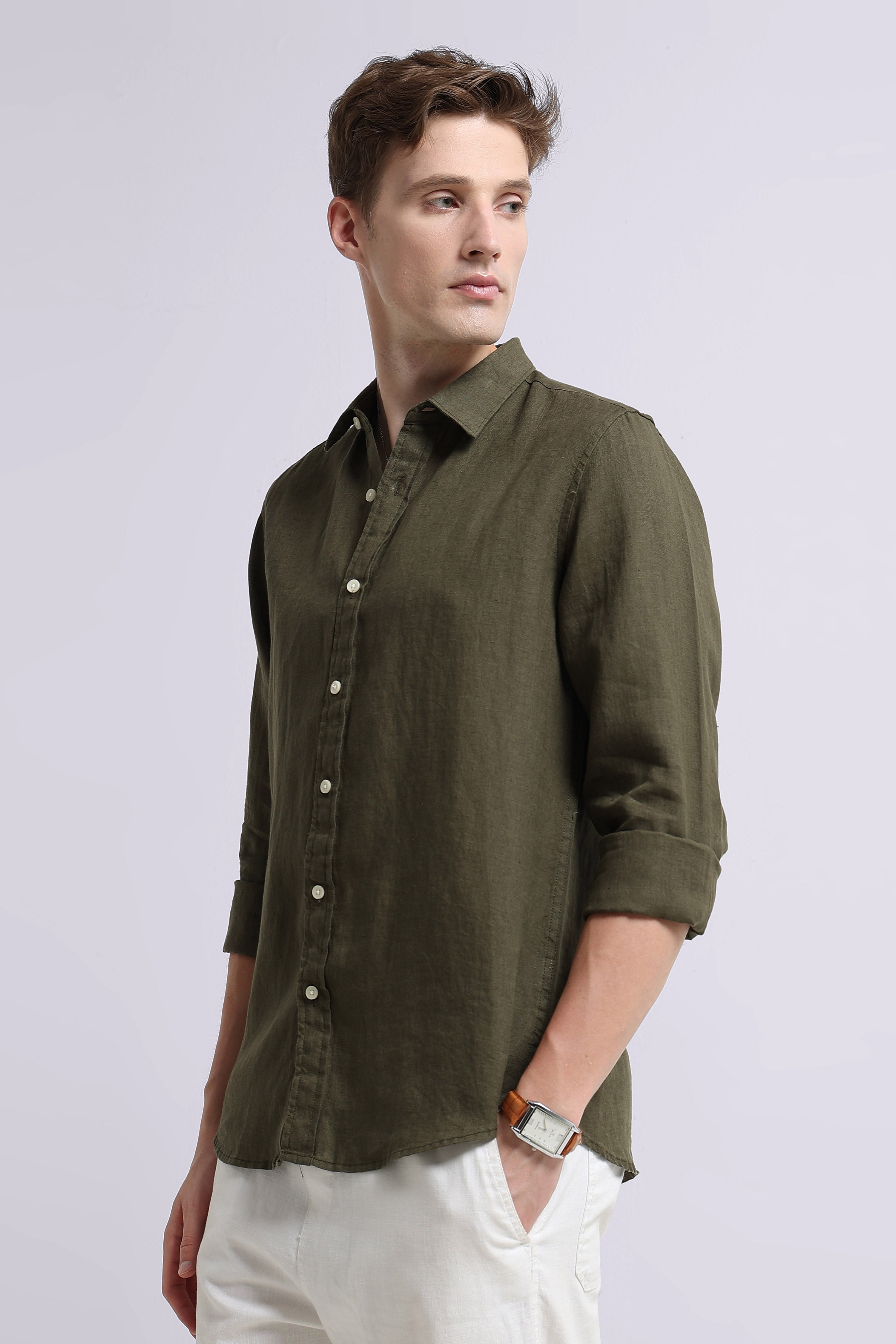 Men Green Classic Linen Shirt