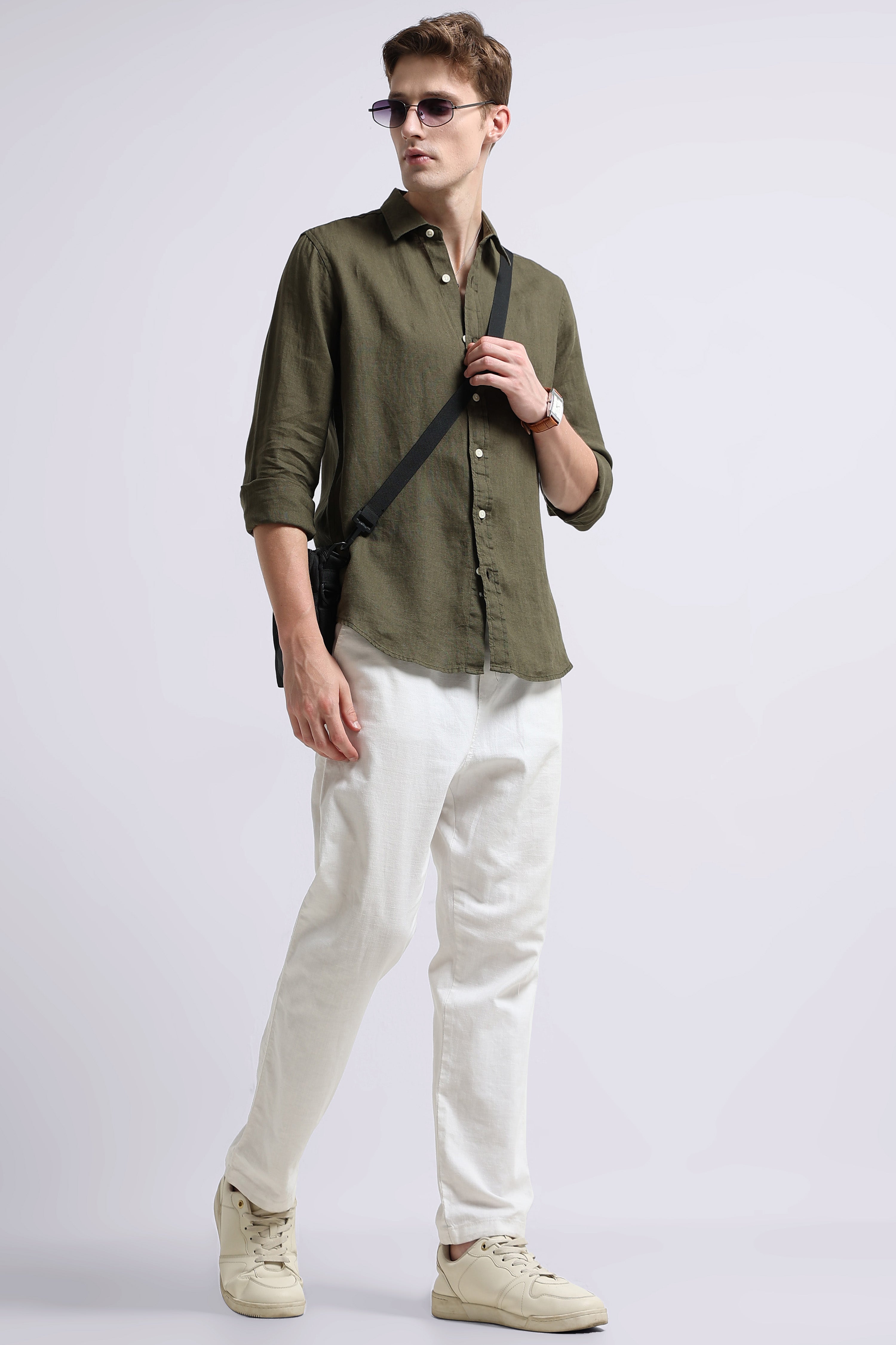 Men Green Classic Linen Shirt
