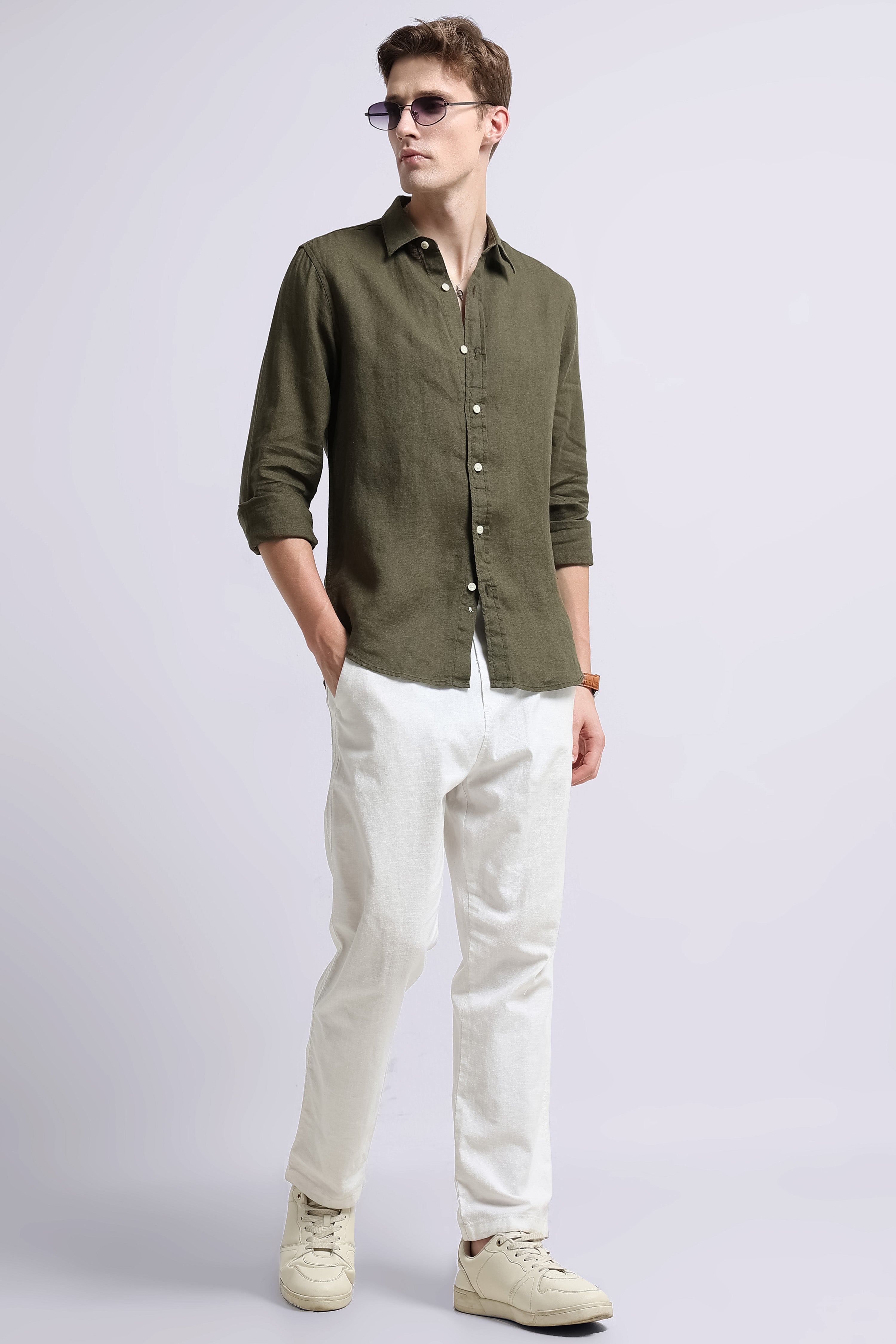 Men Green Classic Linen Shirt