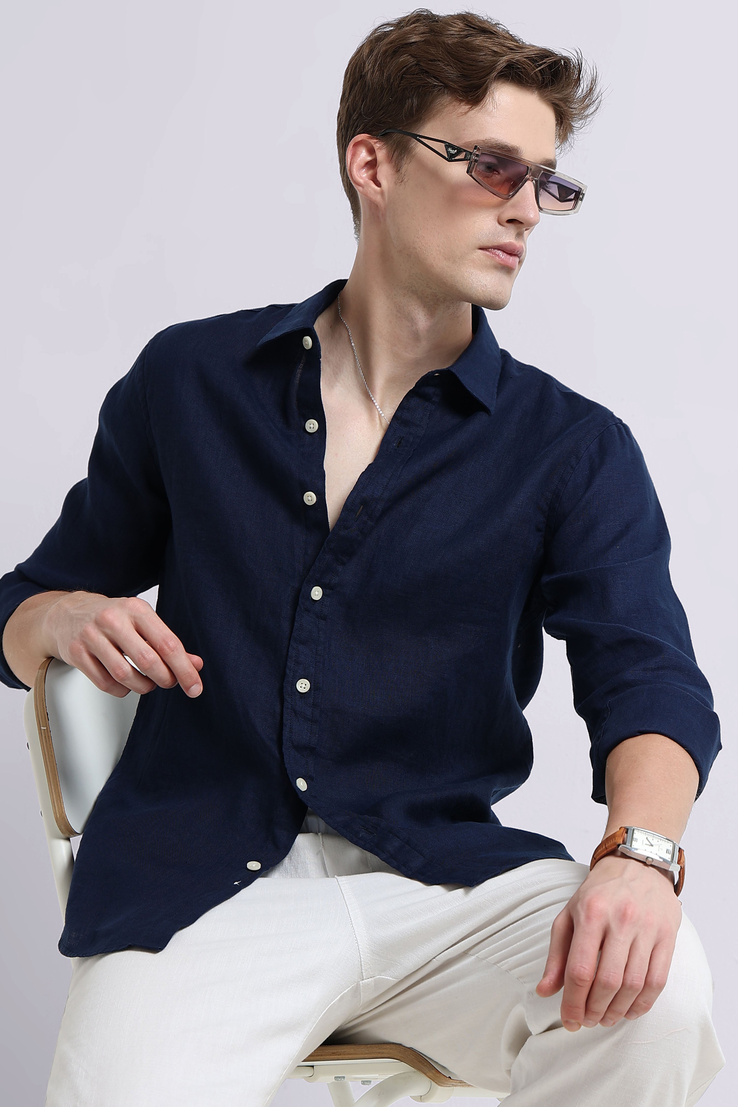 Men Navy Classic Linen Shirt