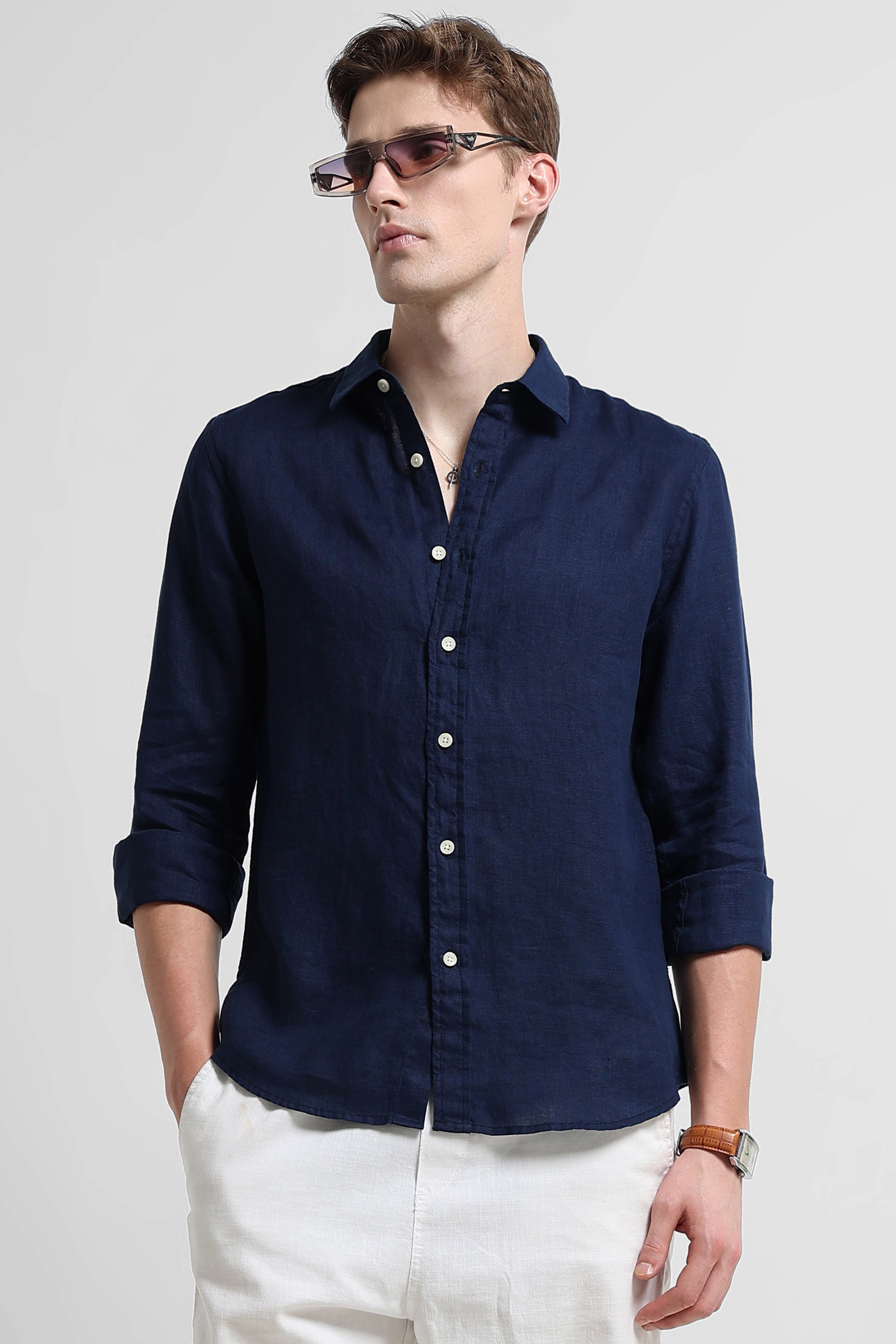 Men Navy Classic Linen Shirt