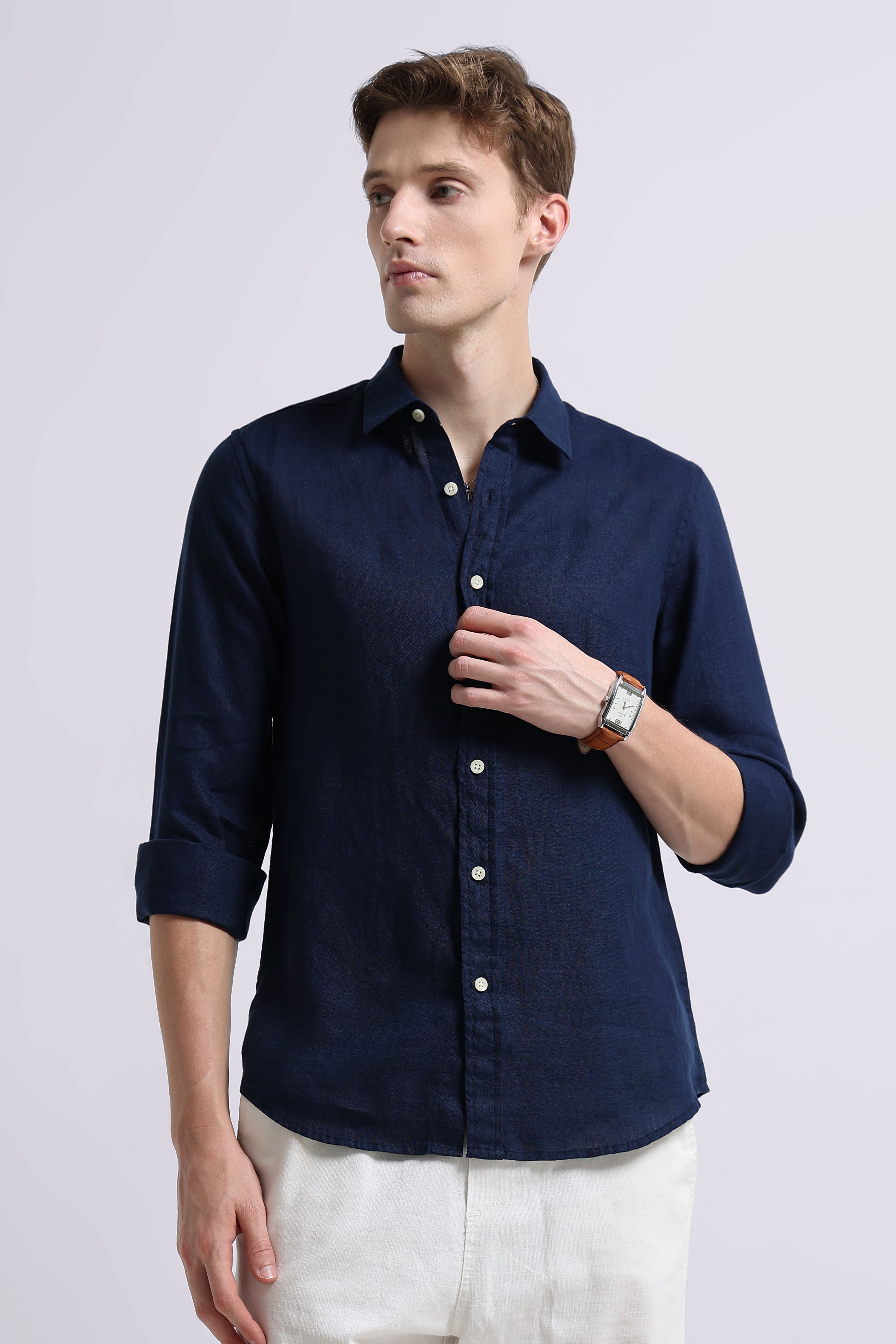 Men Navy Classic Linen Shirt