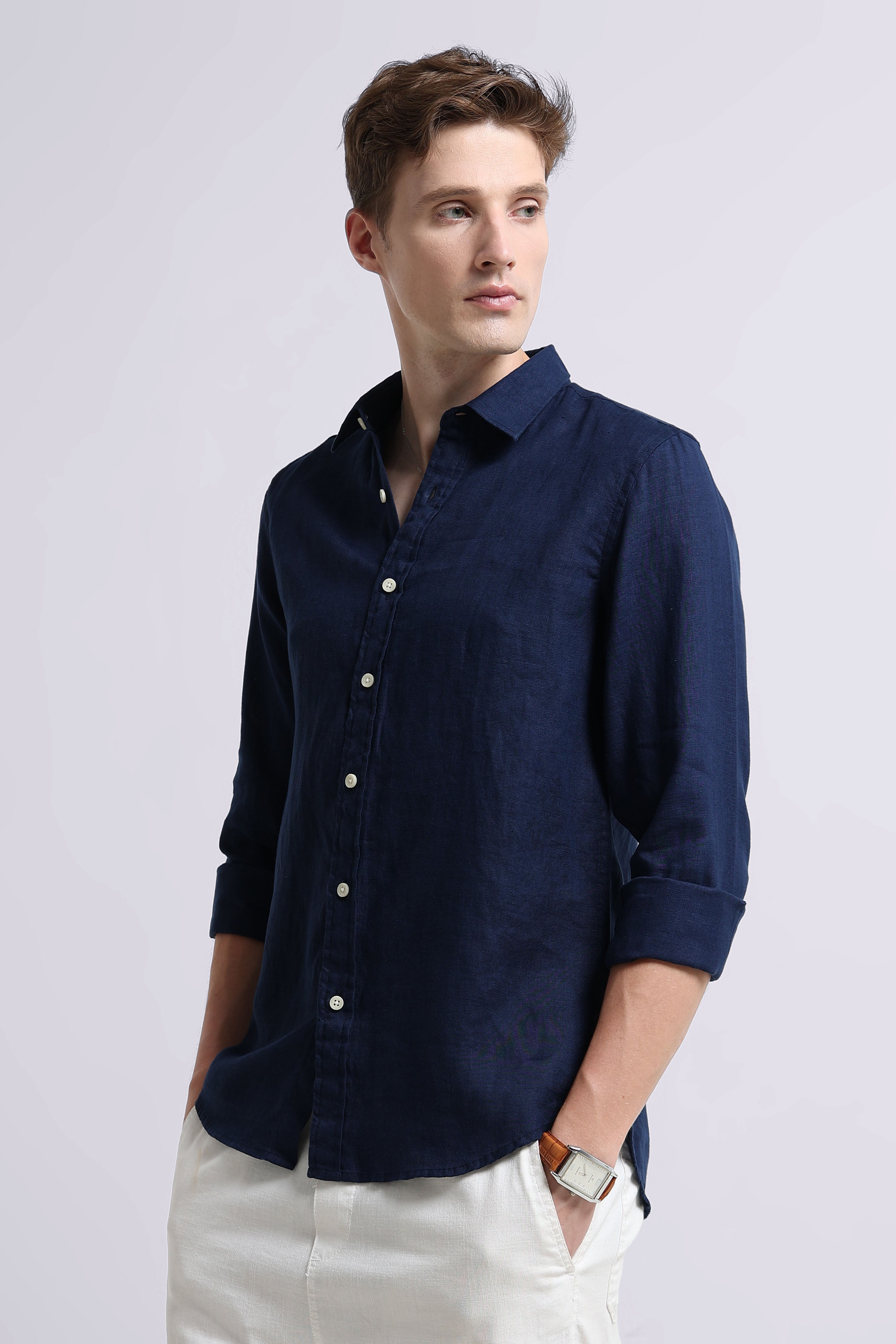Men Navy Classic Linen Shirt
